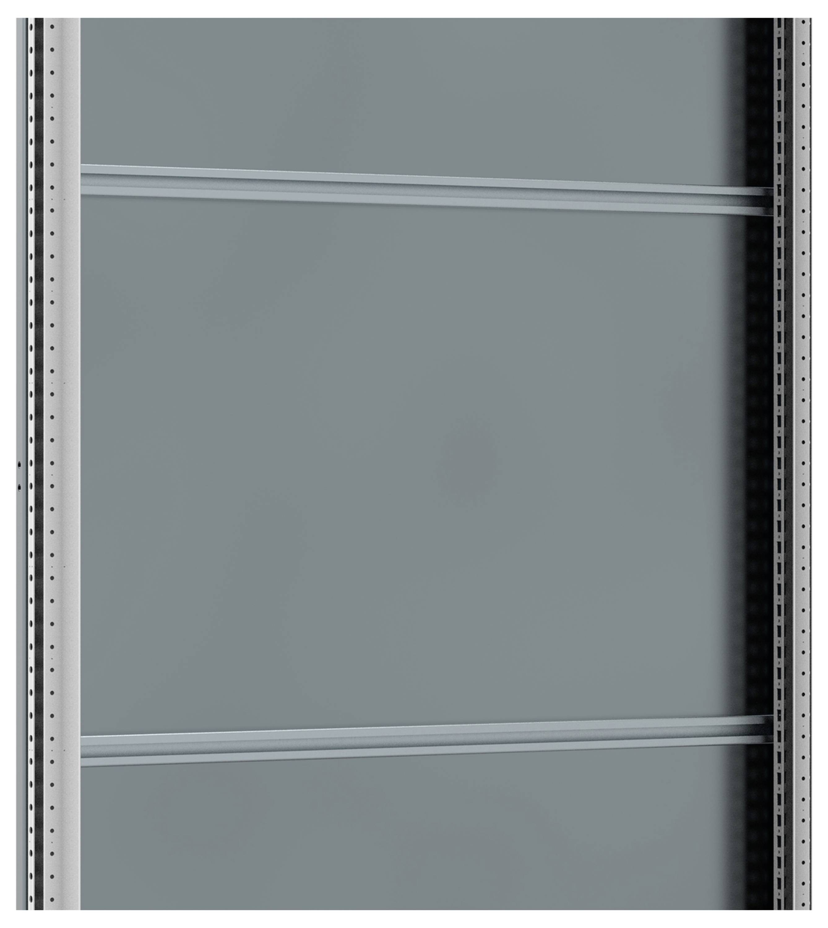 Ein leeres graues Regal mit zwei horizontalen Streben, ohne sichtbare Gegenstände oder Dekoration.