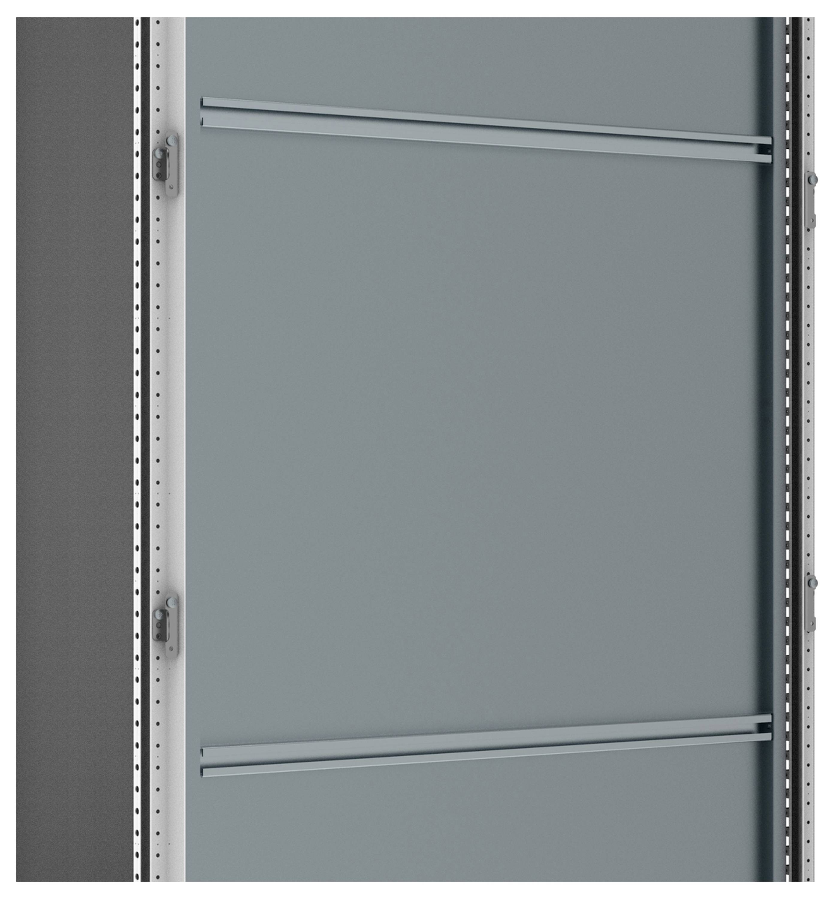 Ein Metallregal oder -schrank mit blaugrauen Türen und glatten Griffleisten, das eine ordentliche und stabile Aufbewahrungslösung bietet.