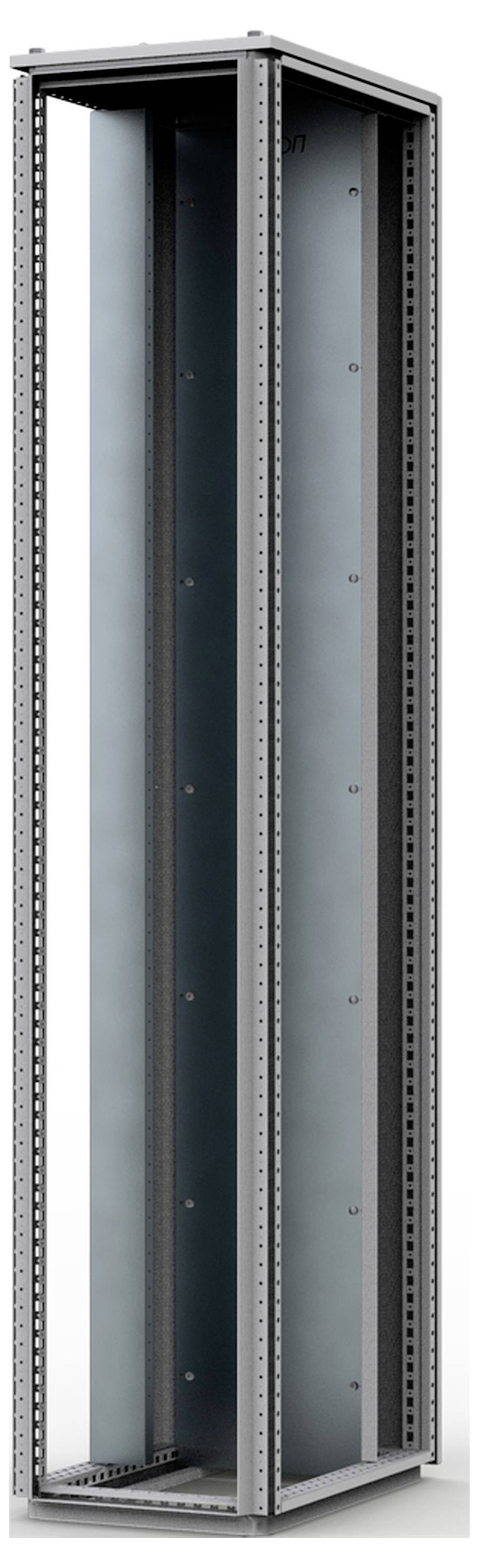 Metallrahmen eines leeren Serverracks, bereit zur Installation von Netzwerkgeräten oder Servern.