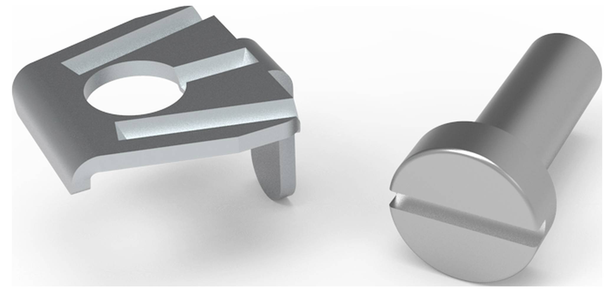 Metallschraube neben einem Klammerhalter. Beide Teile sind aus glänzendem Metall, passend zur Befestigung oder Montage.