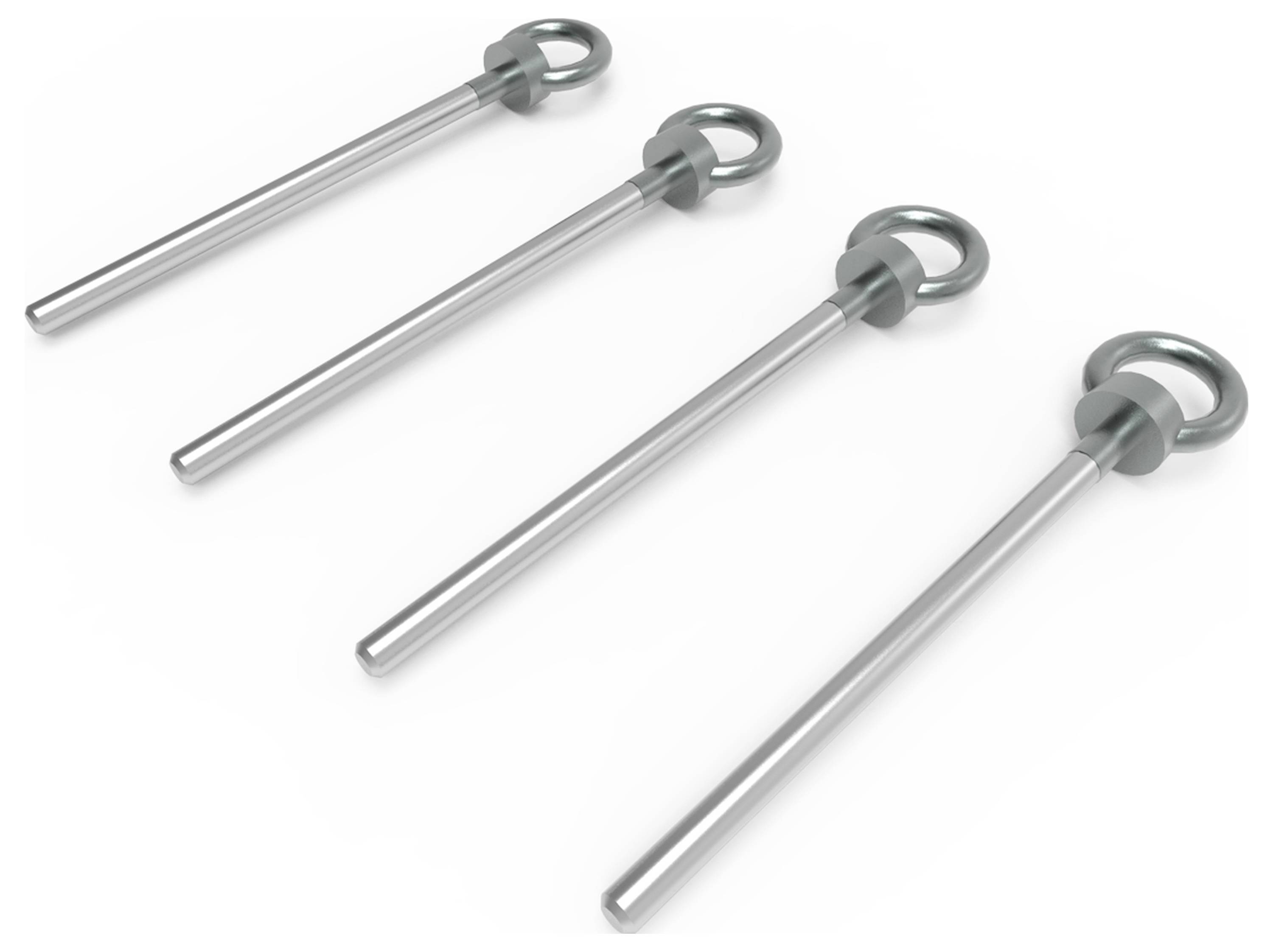 Vier silberne Bolzen mit runden Köpfen in einer diagonalen Reihe angeordnet auf weißem Hintergrund.