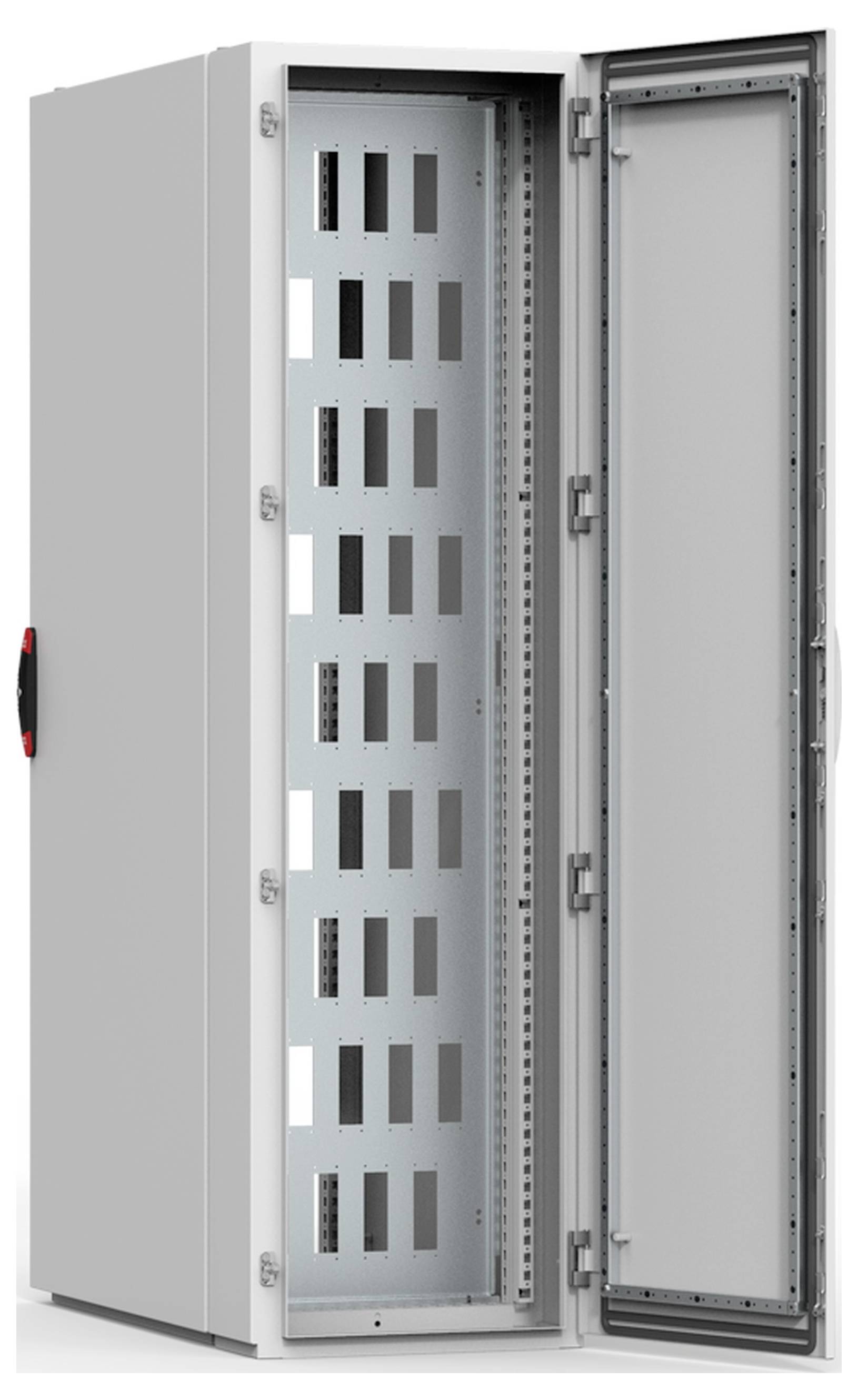 Ein grauer, offener Schaltschrank mit sichtbarem Metallrahmen und Belüftungsschlitzen. Geeignet für elektrische Anlagen oder Server.
