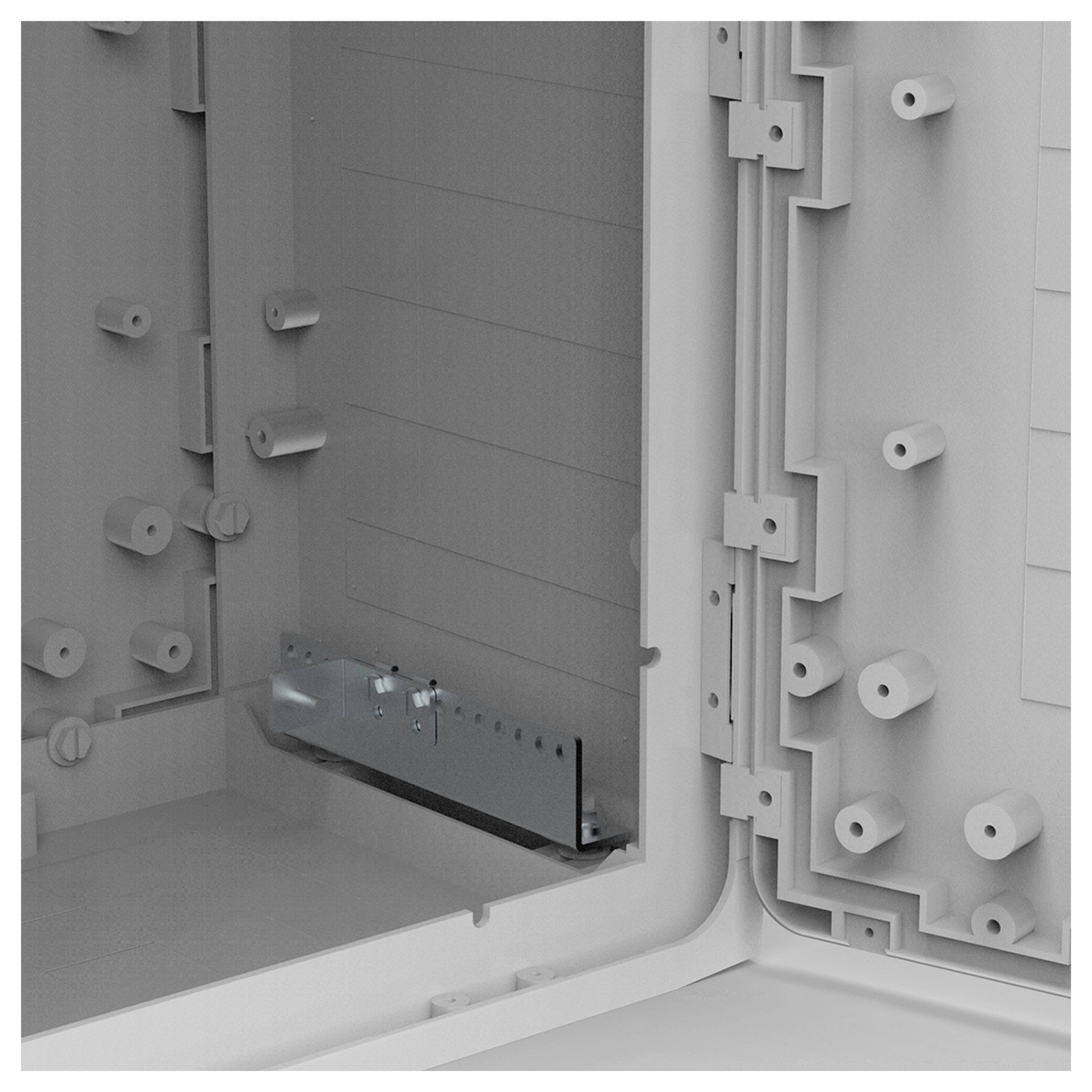 Ein offener grauer Safe mit dicken Türen und Wänden, die zahlreiche Bolzen und Sicherungsmechanismen zeigen.