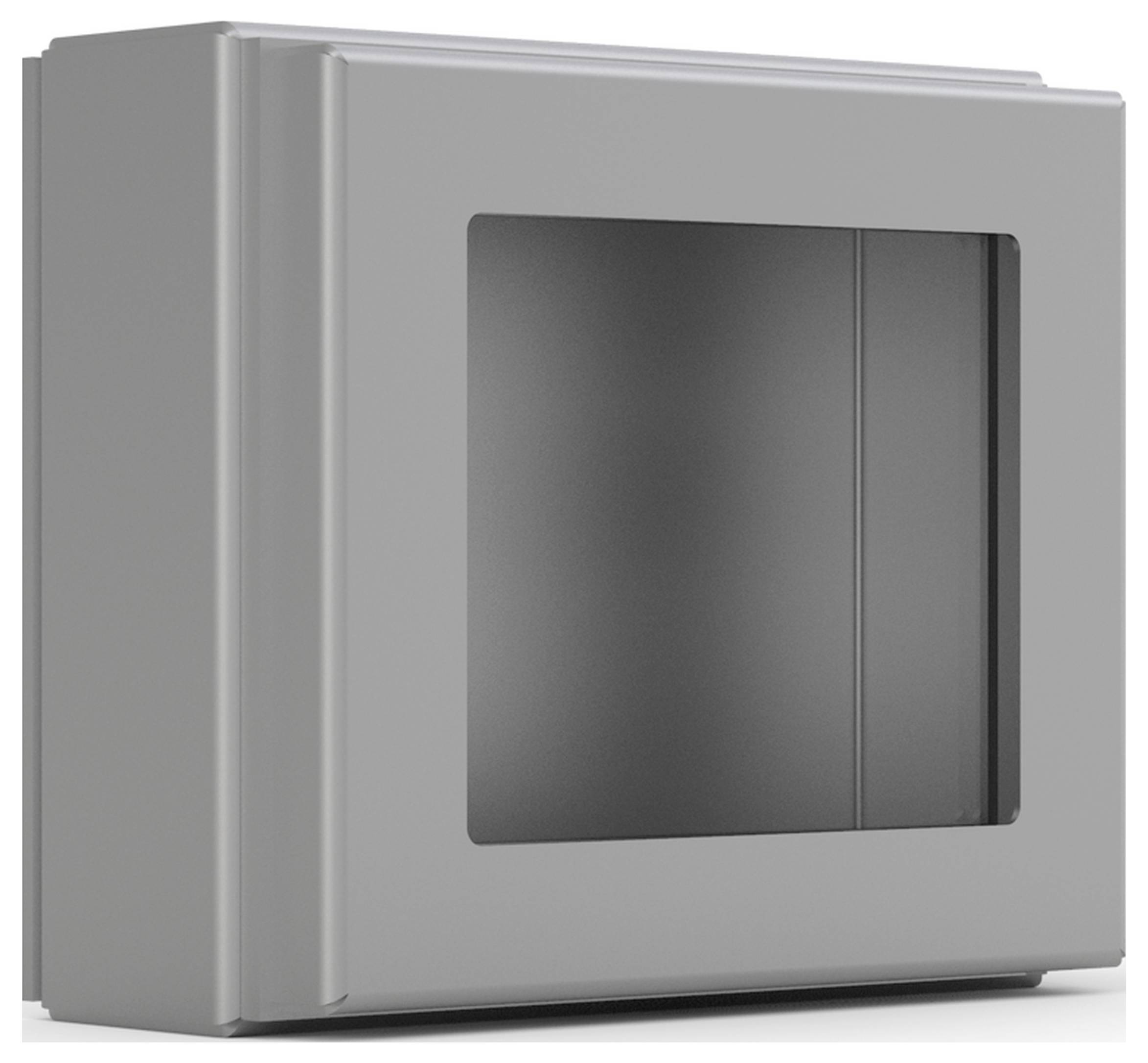 Graues Metallgehäuse mit transparentem Fenster auf der Vorderseite.