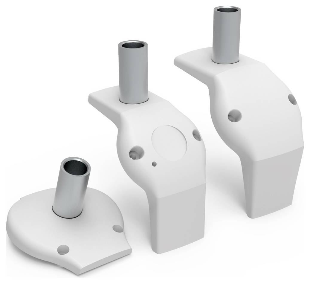 Weiße, ergonomisch geformte Thermoabdeckplatten mit Rohranschluss, zur Verwendung in Heizsystemen. Drei unterschiedliche Formen.