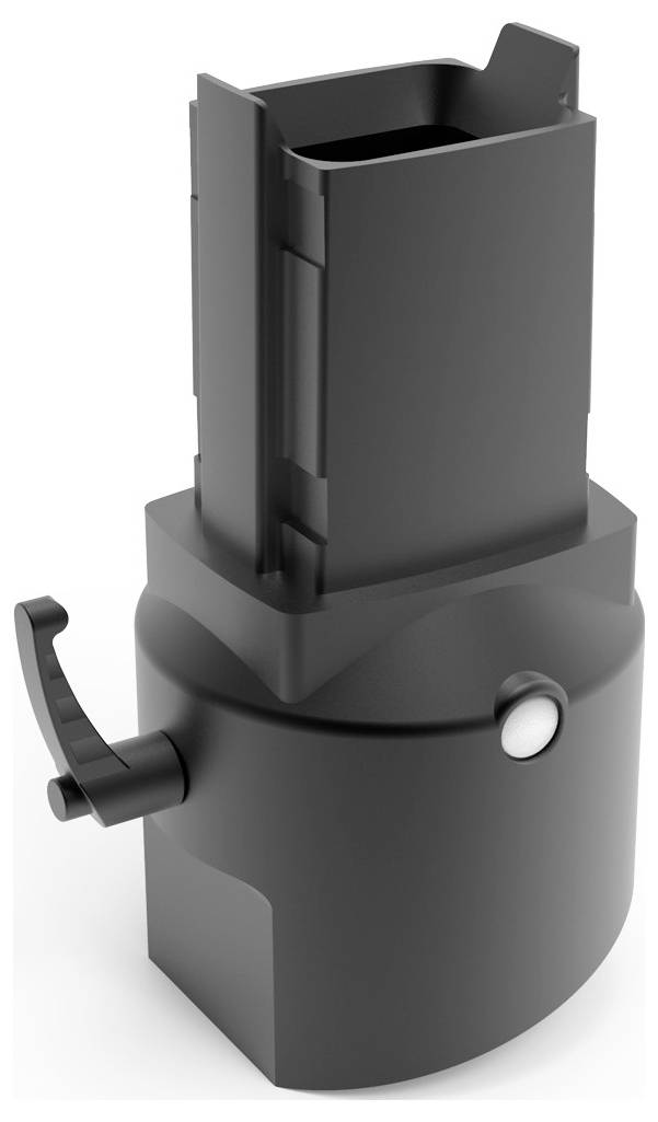 Ein schwarzer, zylindrischer Schiebermechanismus mit Griff und Knopf, vermutlich für eine technische oder mechanische Anwendung.