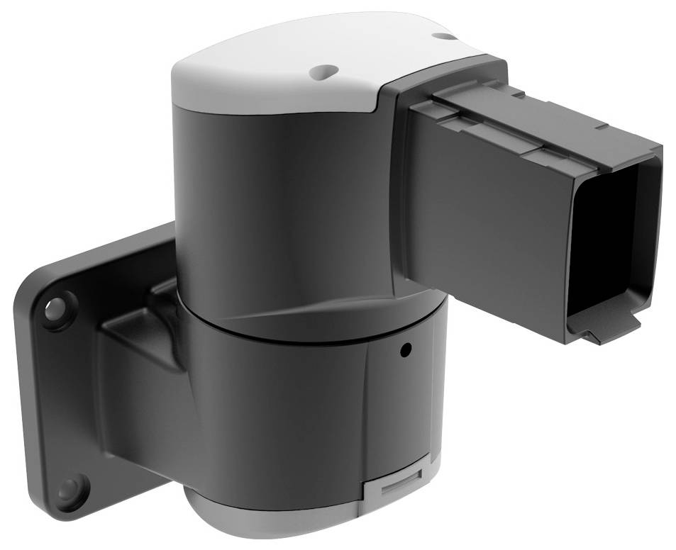 Elektrischer Bewegungsmelder, rechteckige Form, schwarz und weiß, für die Wandmontage geeignet.