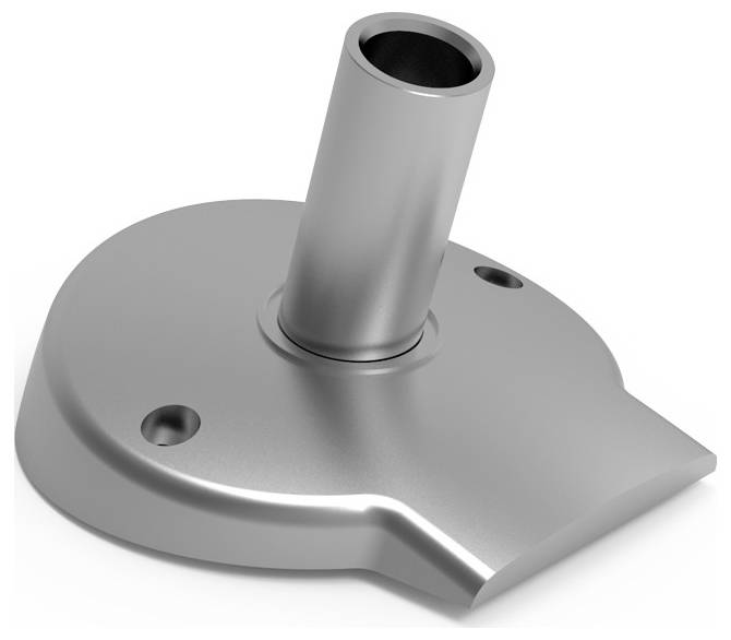 Ein silbernes, metallisches Bauteil, das wie eine Schraubbefestigung mit zylindrischem Rohr aussieht, möglicherweise für Maschinen.