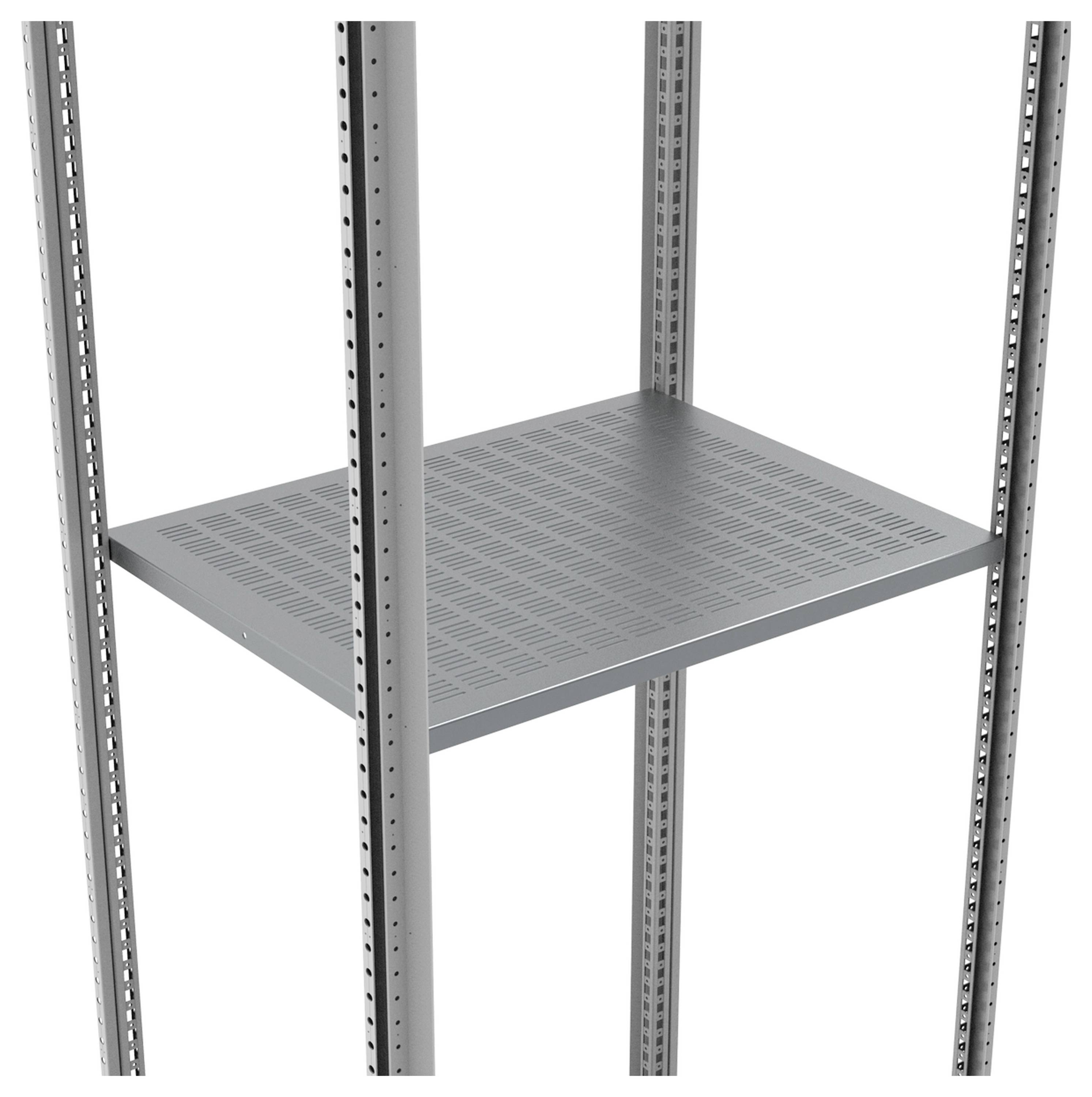 Regal ohne Seiten- oder Rückwände, mit einzelnen Metallebene, umgeben von vertikalen Metallstangen. Ideal für flexibles Lagern.