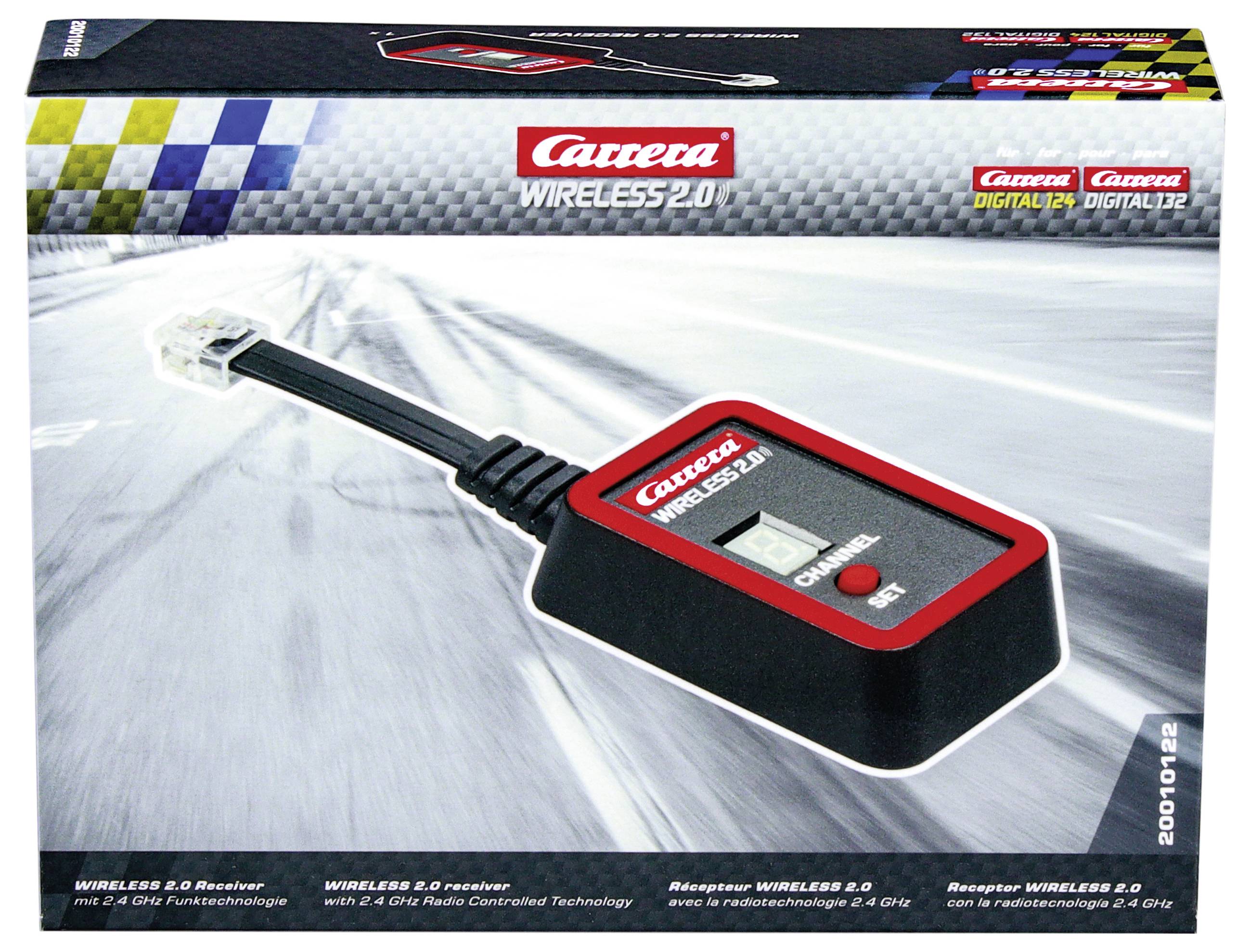 'Carrera Wireless 2.0' Empfänger-Verpackung, zeigt Produktbild. Enthält ein kabelloses 2,4 GHz Empfängermodul für Carrera Rennbahnen.
