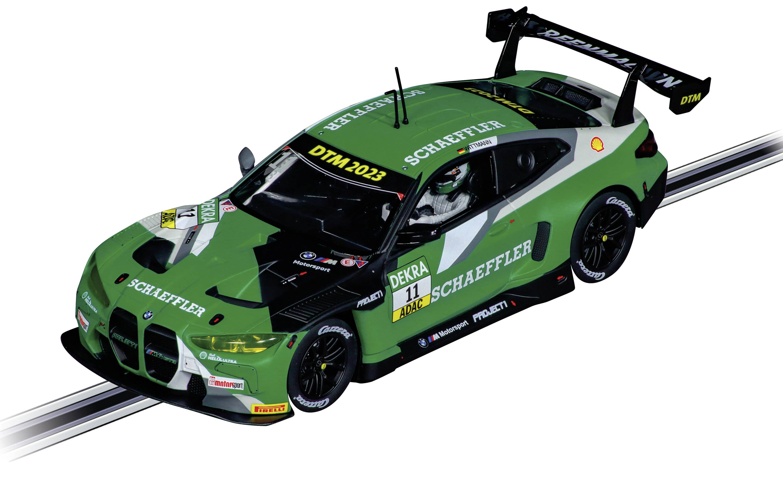 Renngrüner BMW-Rennwagen auf Strecke, beschriftet mit 'Schaeffler' und 'DTM 2023.'