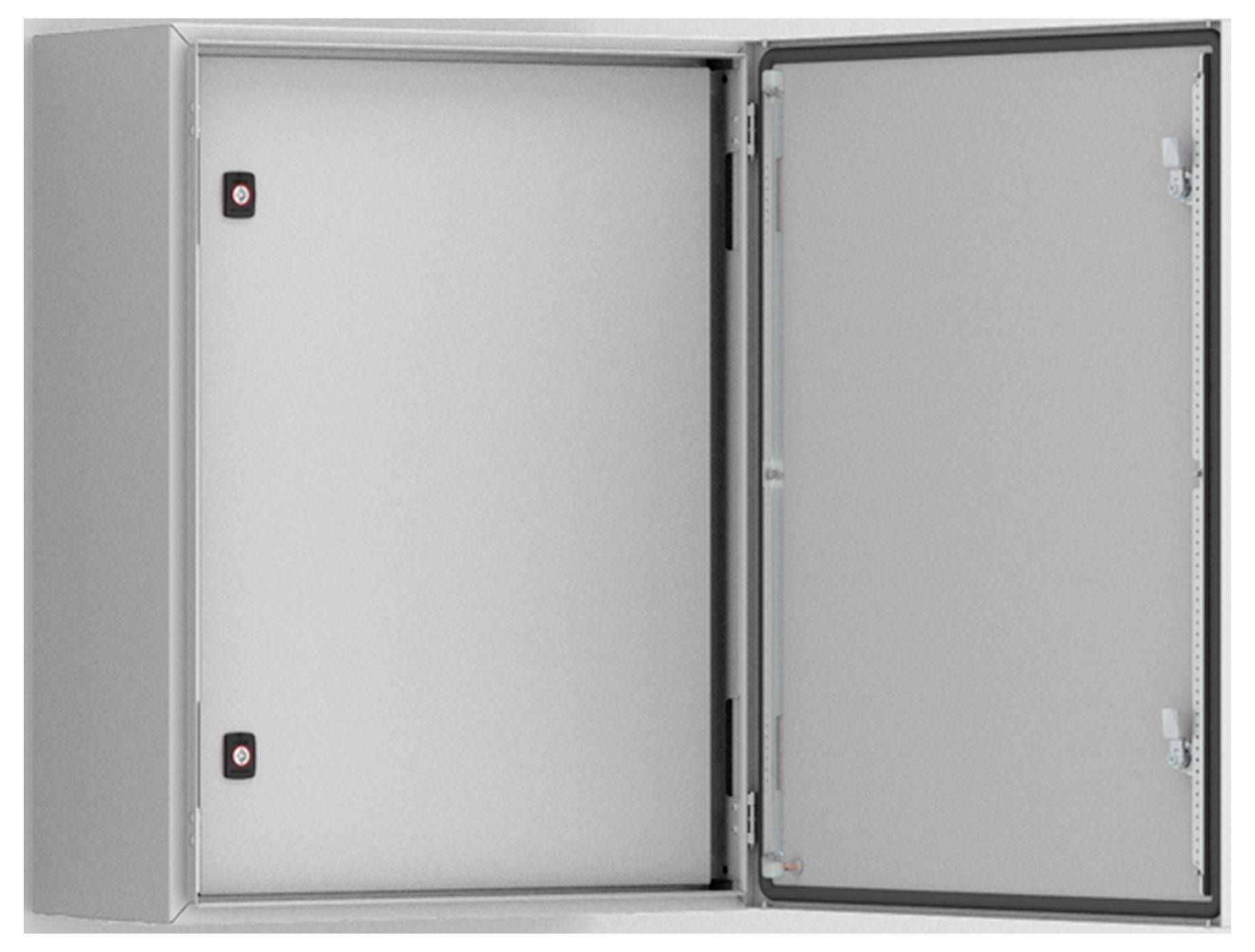 Metallschrank mit geöffneter Tür, zeigt zwei schwarze Verriegelungen und eine glatte Innenfläche. Geeignet für industrielle Anwendungen.