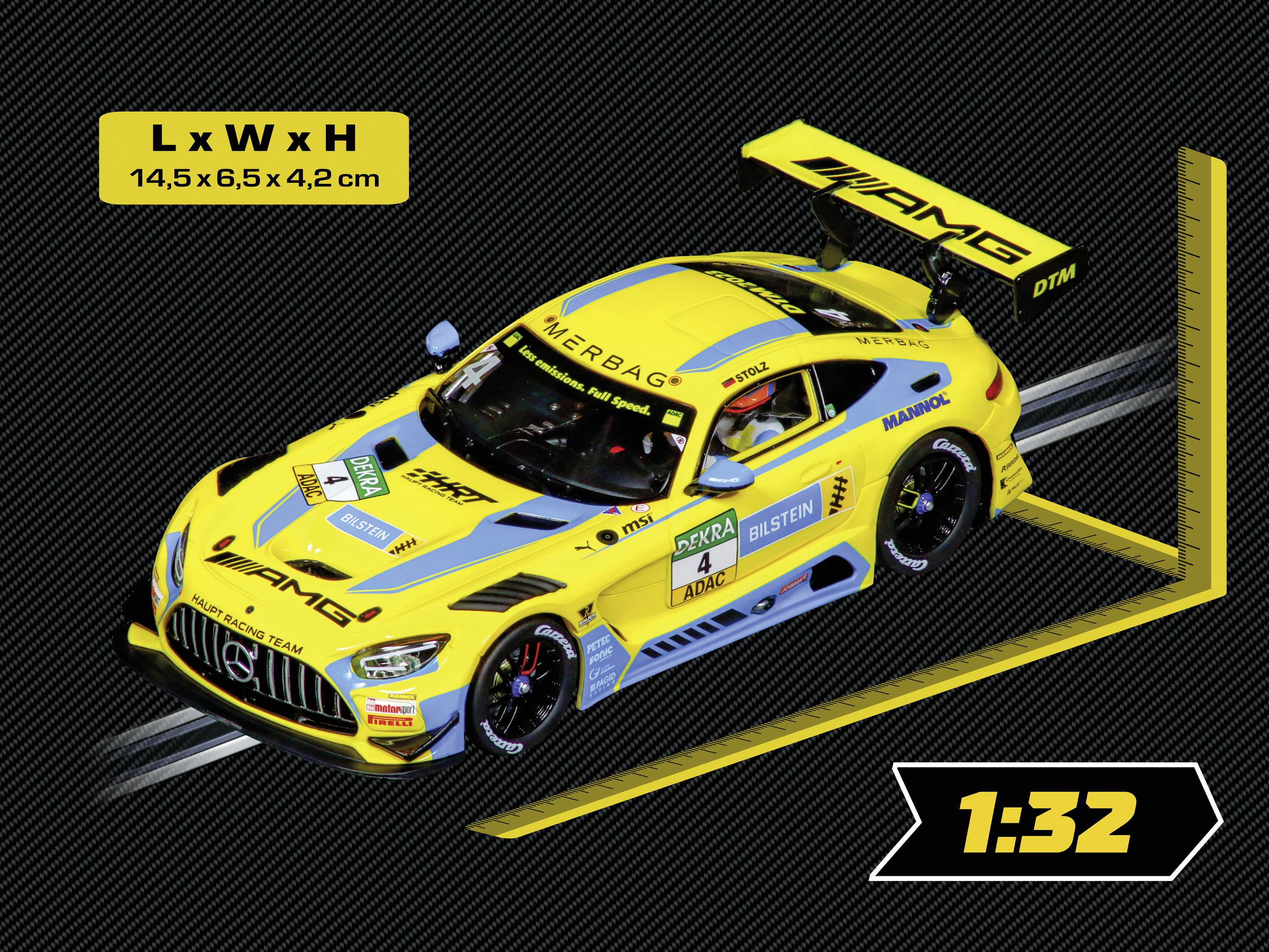 Modellauto im Maßstab 1:32, Mercedes-AMG im gelb-blauen Rennsportdesign, mit den Maßen 14,5 x 6,5 x 4,2 cm dargestellt.