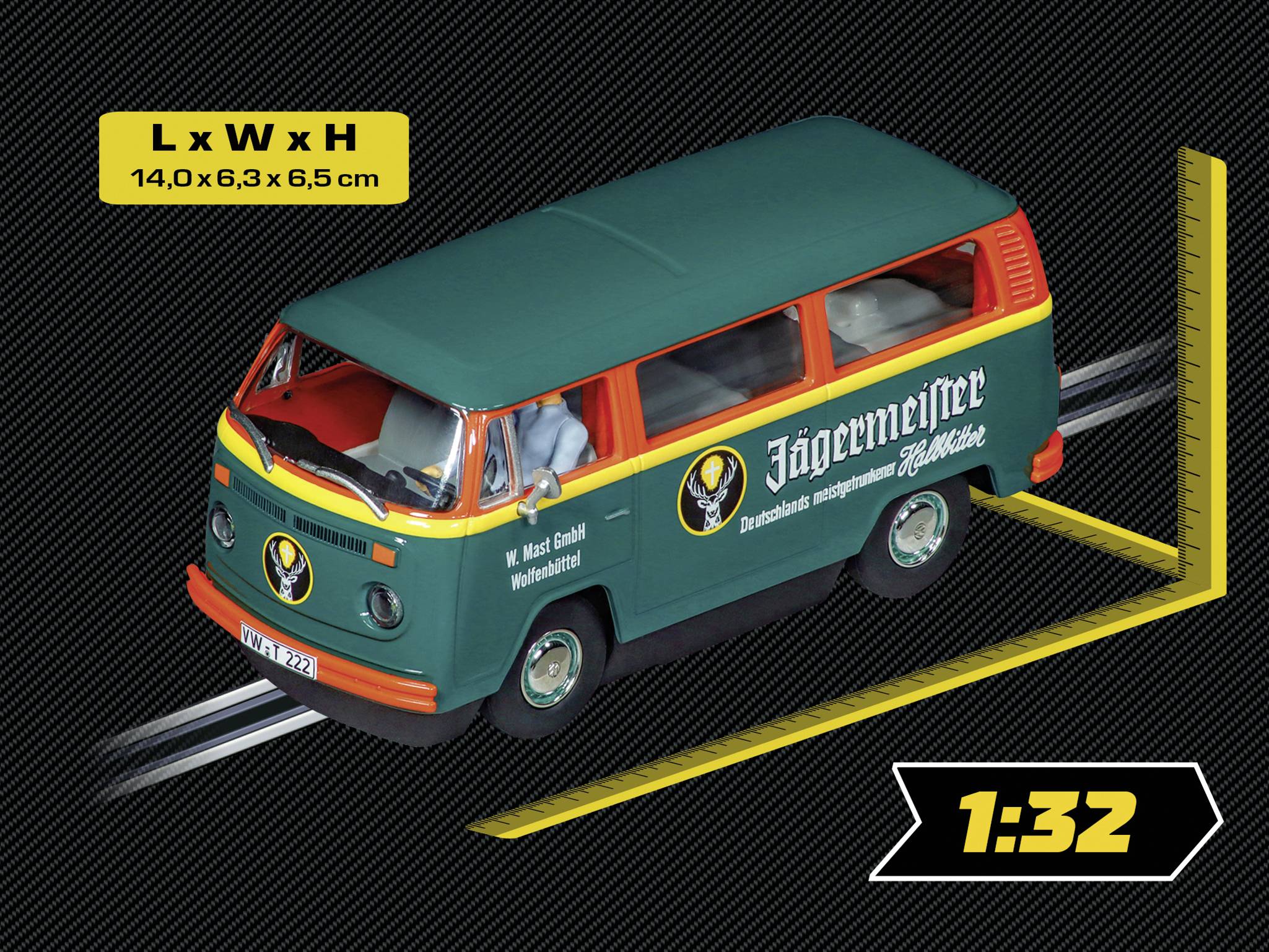 Ein Modell eines grünen Volkswagen-Busses mit Jägermeister-Logo in der Maßstabsgröße 1:32. Maße: 14,0 x 6,3 x 6,5 cm.