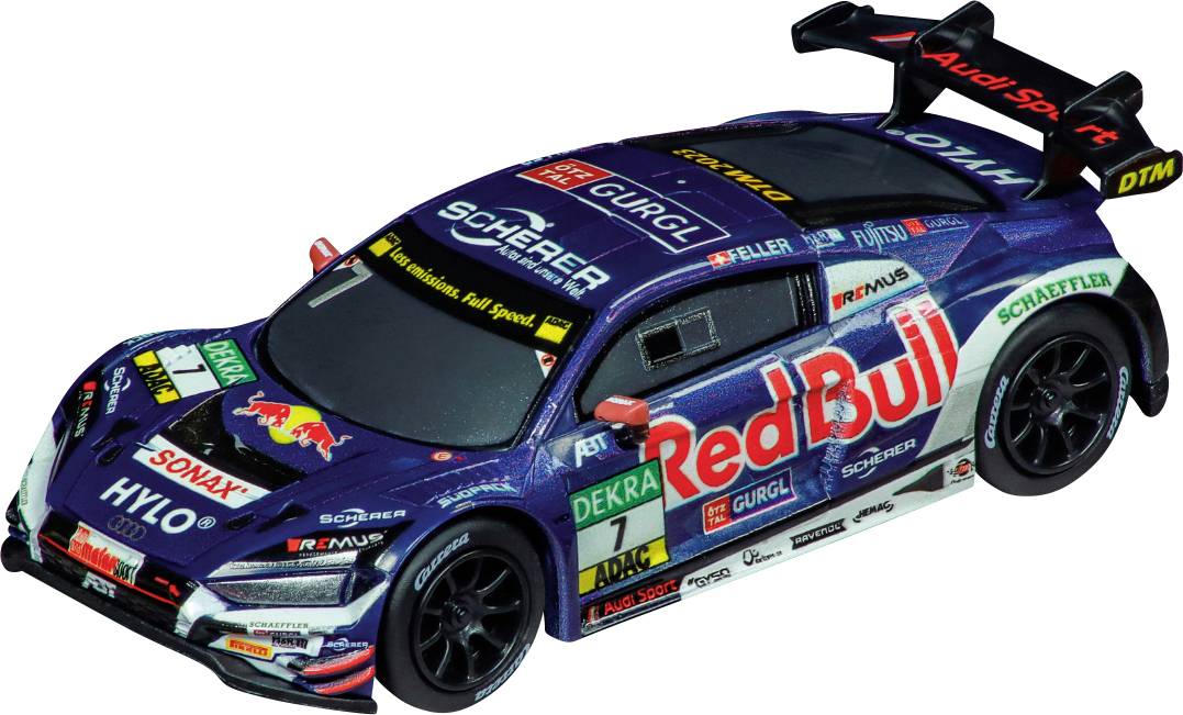 Ein dunkelblauer Rennwagen mit Werbung von 'Red Bull' und 'Audi Sport'. Aufkleber von Sponsoren befinden sich auf der Karosserie.