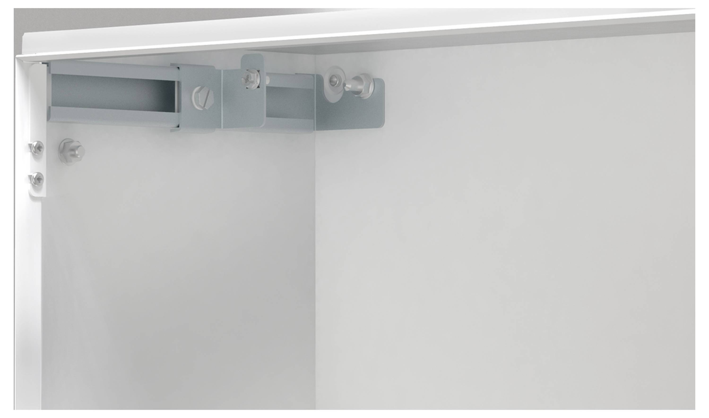 Ein Eckdetail eines weißen Gehäuses mit einer Metallhalterung und Schraube, zeigt einen Einblick in die Konstruktion des Möbels.