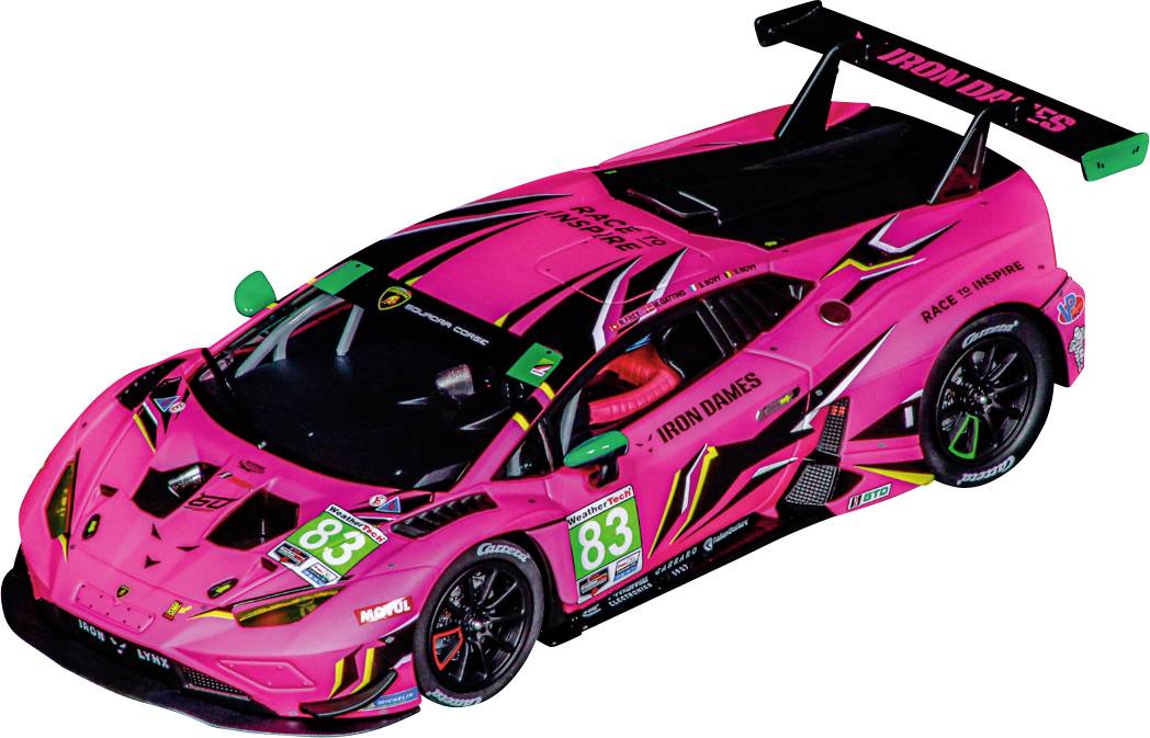 Pinkfarbener Rennwagen mit schwarzen Akzenten und der Nummer '83', Sponsorenlogos und einem großen Heckflügel.