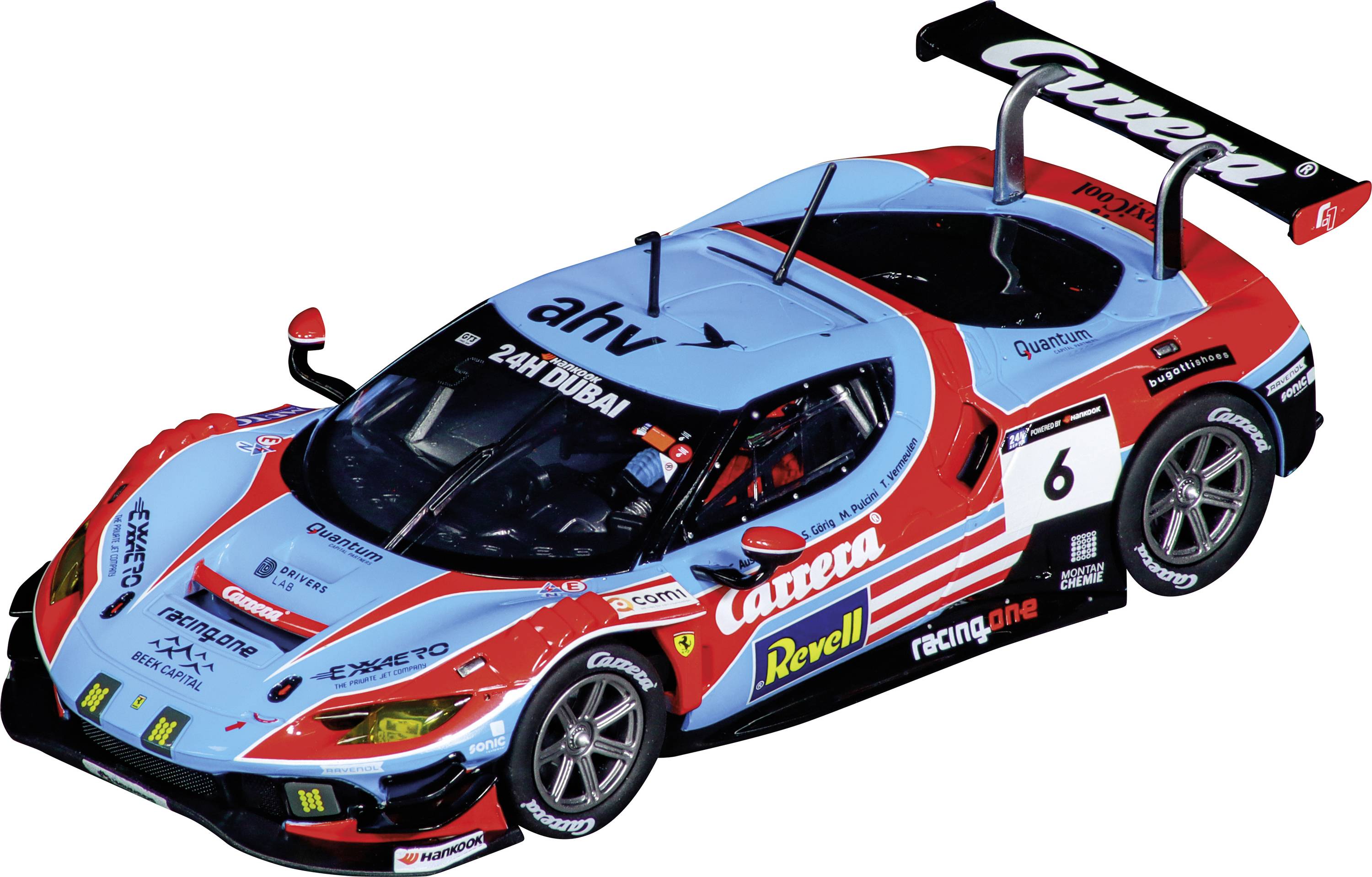 Ferrari Rennwagen im Carrera-Design, Nummer 6, blau-rot lackiert, mit Sponsorenaufklebern, Frontansicht, Rennen '24H DUBAI'.