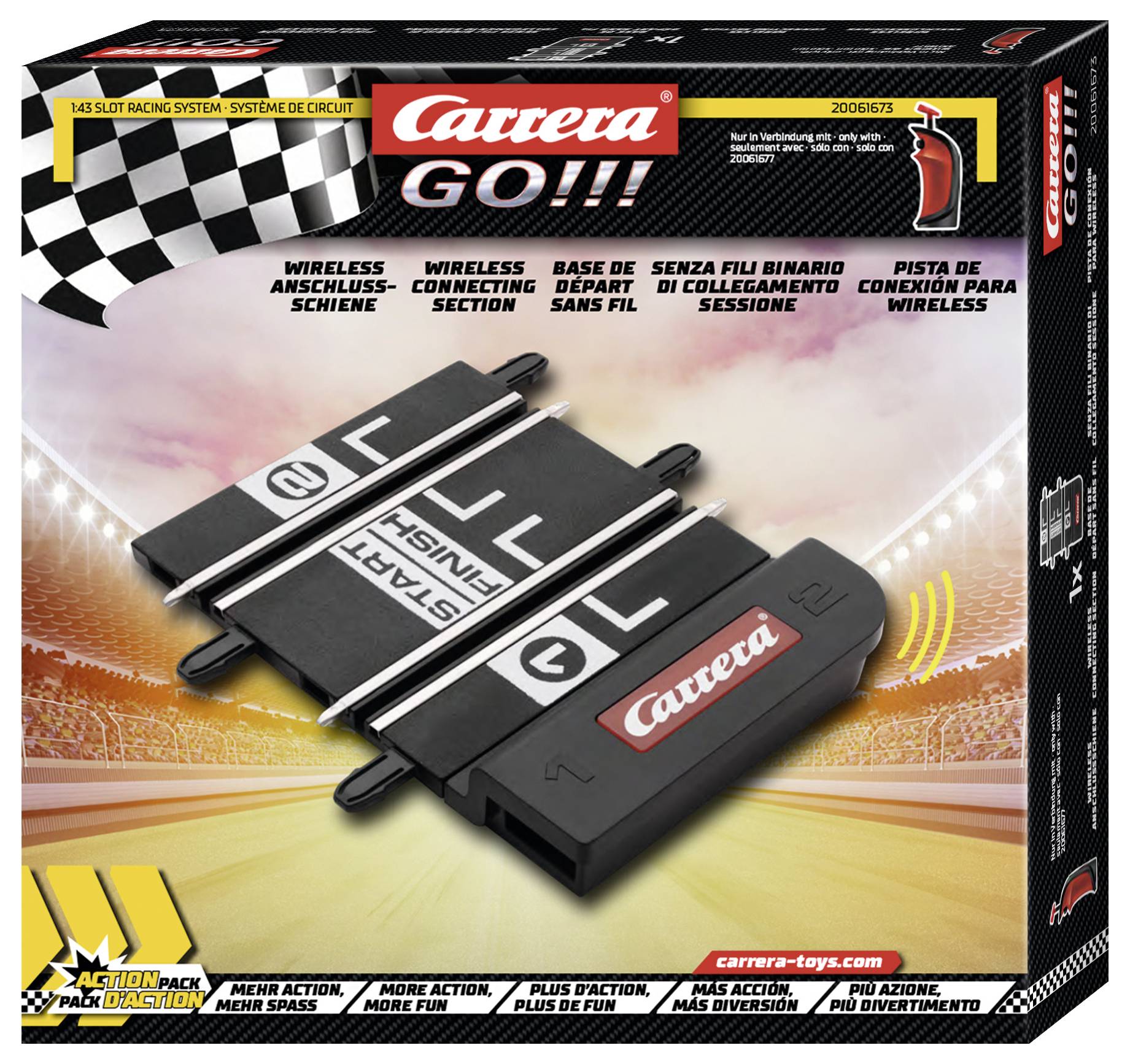 Die Verpackung zeigt die Carrera GO!!! Drahtloses Verbindungssystem. Enthält zwei Schienenstücke für Autorennbahnen. Hauptfarben: Rot, Schwarz.