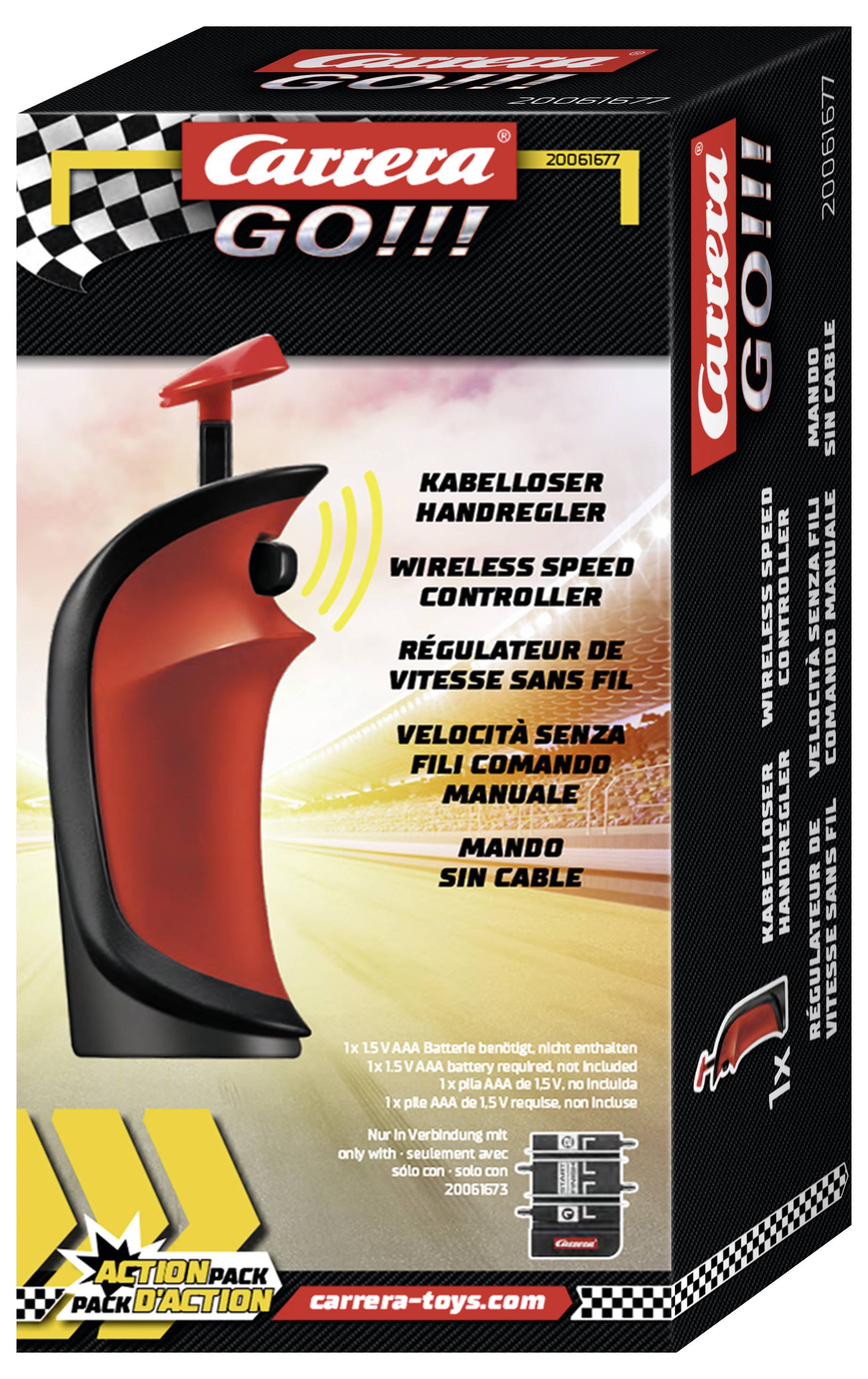 'Carrera GO!!!' Produktverpackung für kabelloses Handregelgerät. Enthält Details zu Batterien und Funktionen in mehreren Sprachen.