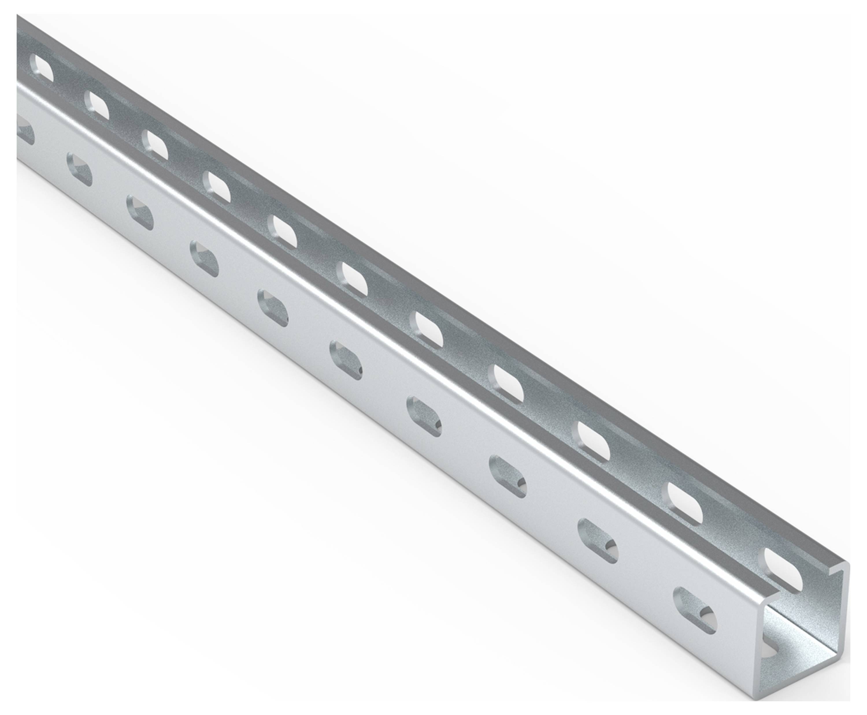 Ein verzinkter Metallwinkel mit gestanzten Löchern, häufig in der Konstruktion für Regalsysteme oder Rahmen verwendet.