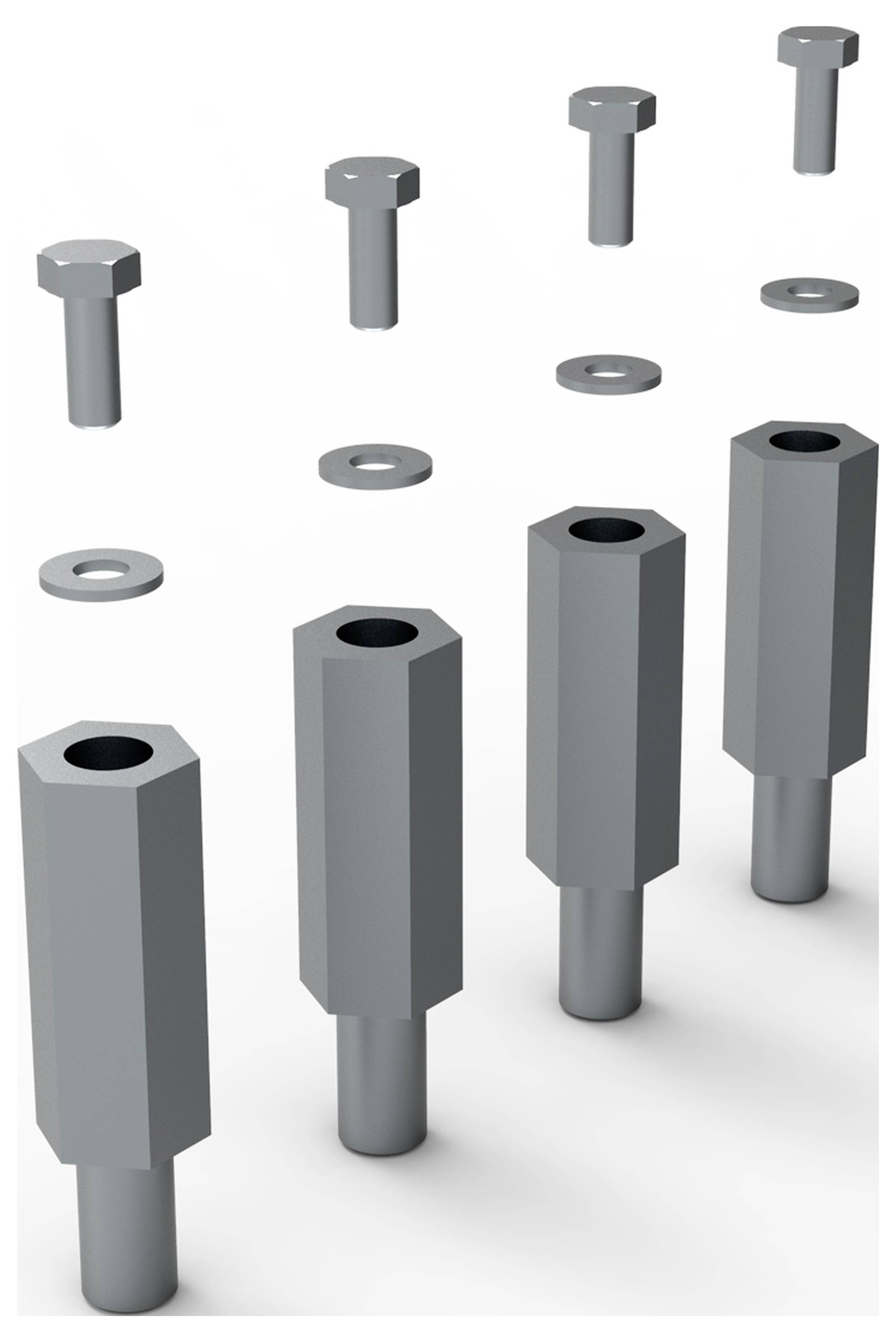 Explodierte Darstellung von Schrauben, Muttern und Abstandshaltern. Zeigt die Reihenfolge der Teile für den Zusammenbau einer Halterung.