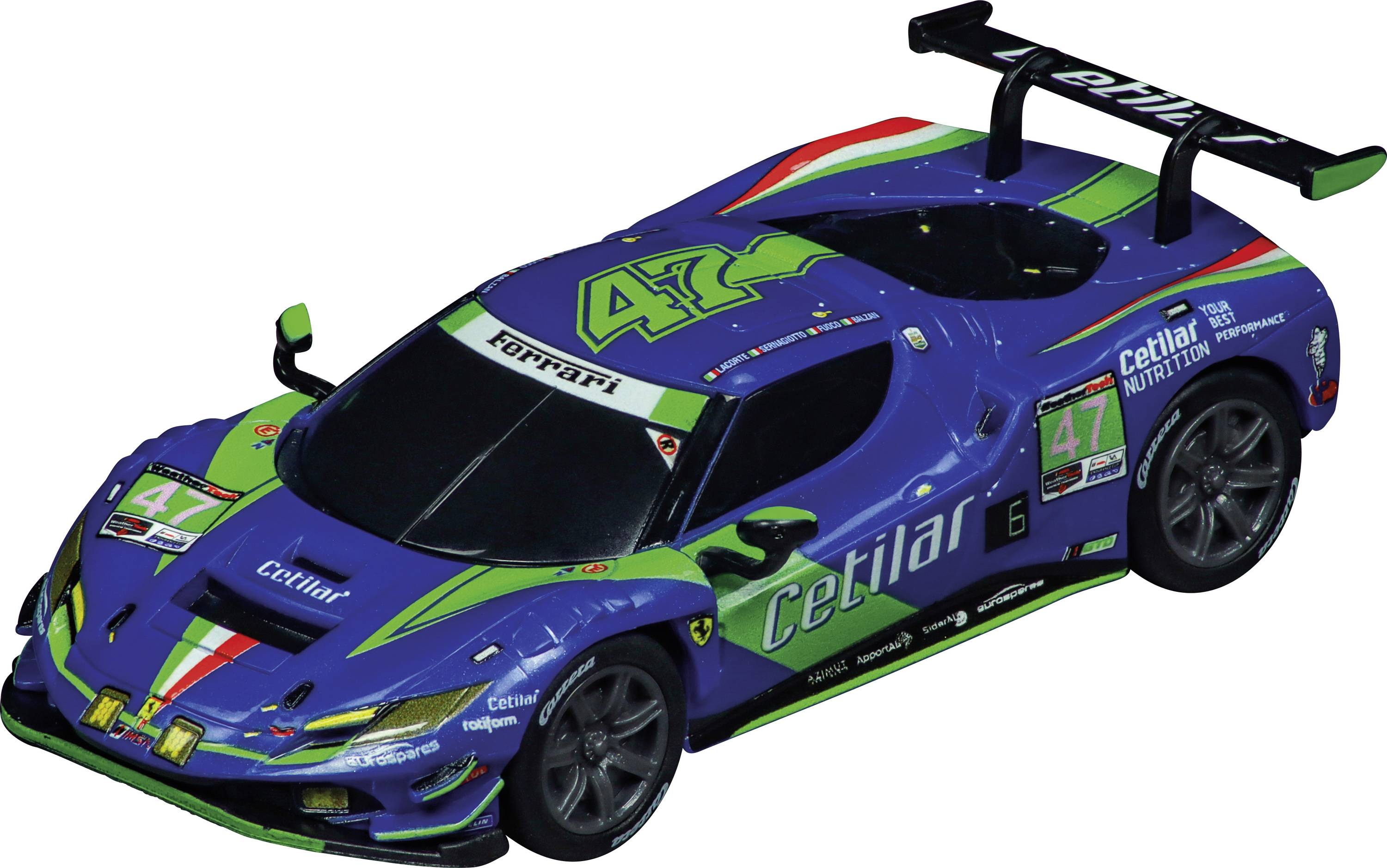 Grüner und blauer Rennwagen mit der Nummer 47 auf Motorhaube und Dach. Mehrere Sponsorenlogos, markantes Heckspoiler-Design.