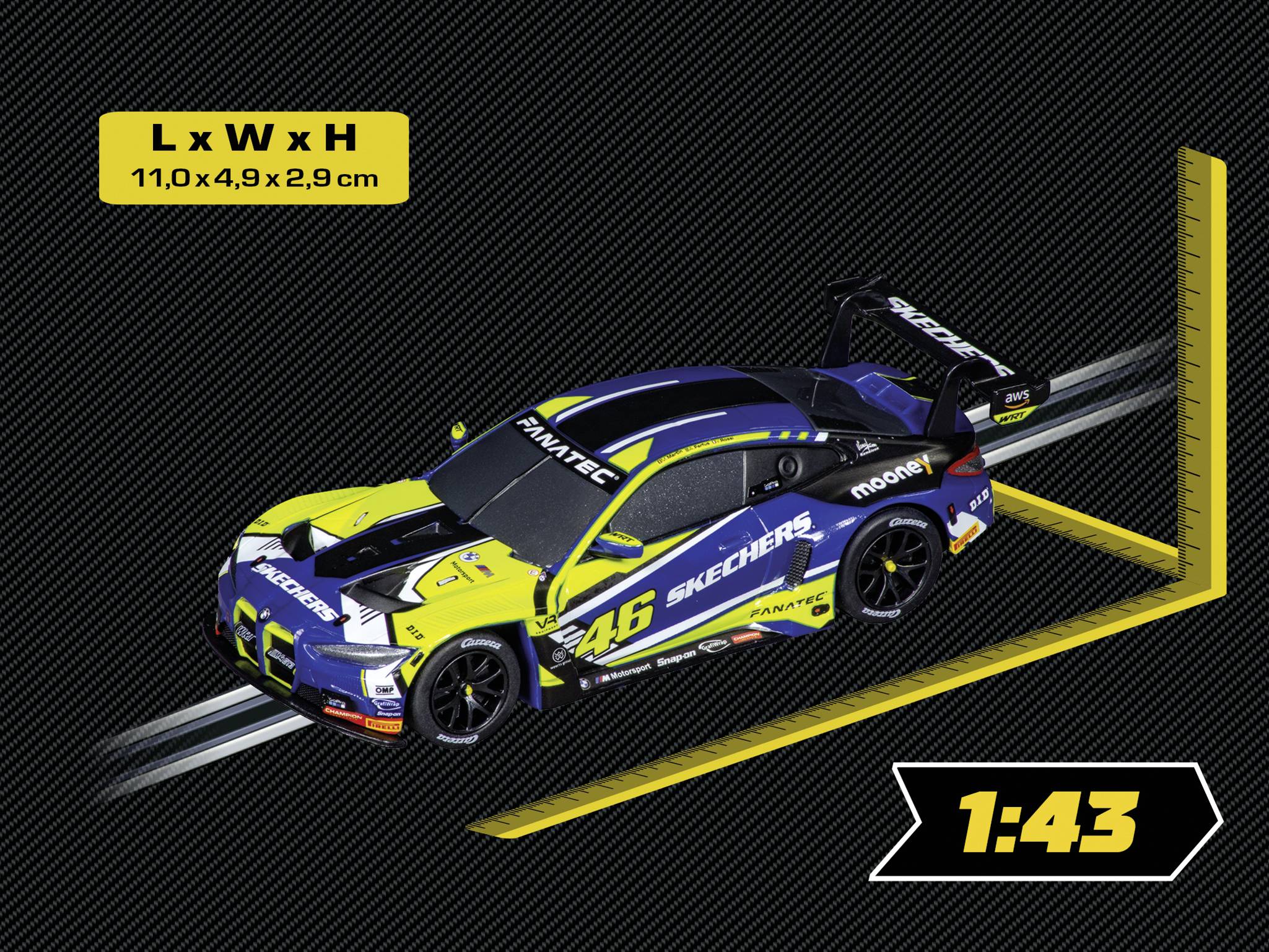 Ein maßstabsgetreues Modellauto in blauer und gelber Lackierung mit der Nummer 46 und Markenlogos. Maßstab: 1:43, Größe: 11 x 4,9 x 2,9 cm.