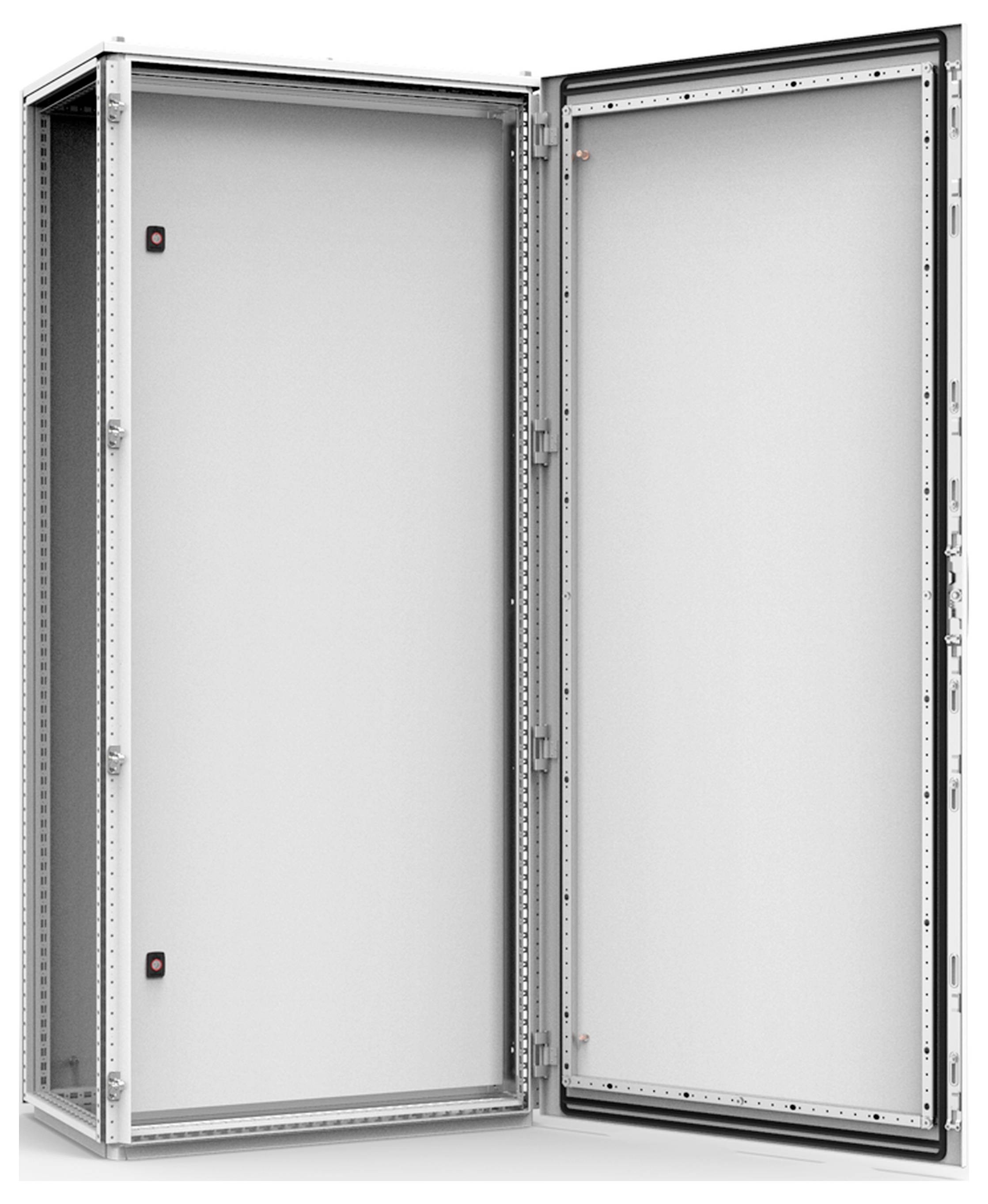 Ein offener, leerer Schaltschrank mit Metallrahmen, geeignet für die Installation von elektrischen Geräten und Verkabelung.