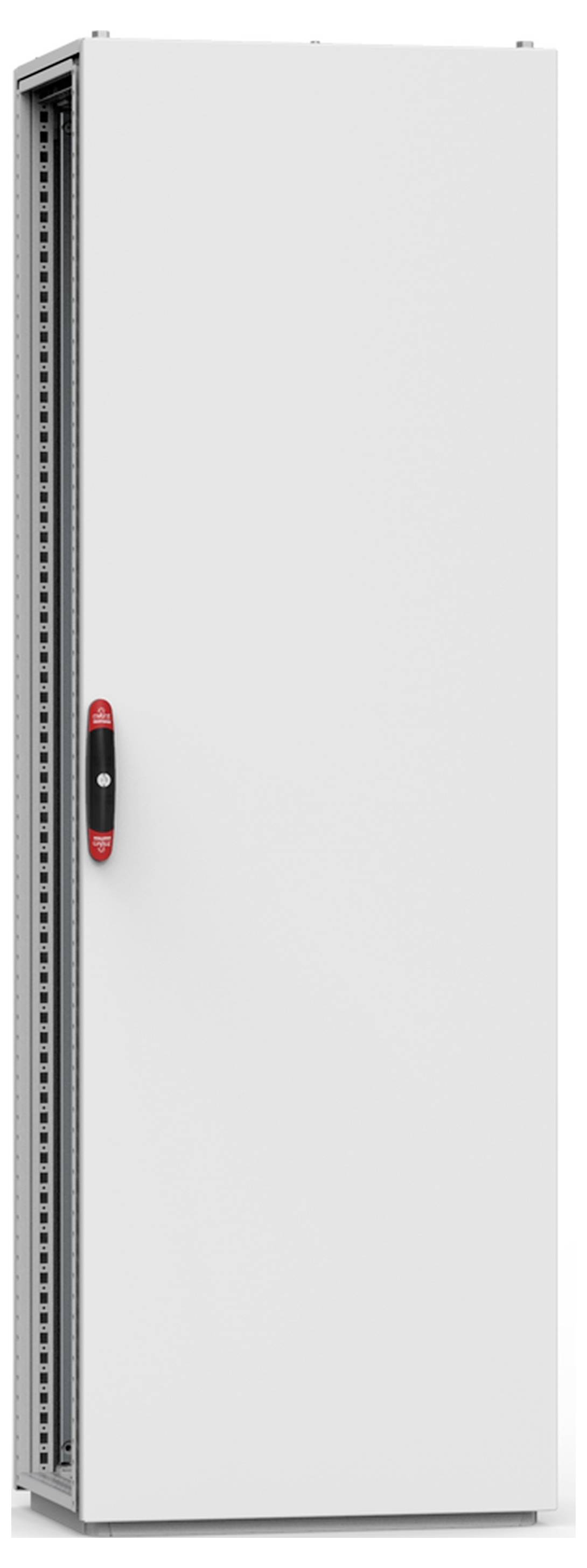 Grauer, schmaler Metallschrank mit einer roten und schwarzen Griffleiste an der Tür. Der Schrank ist geschlossen.