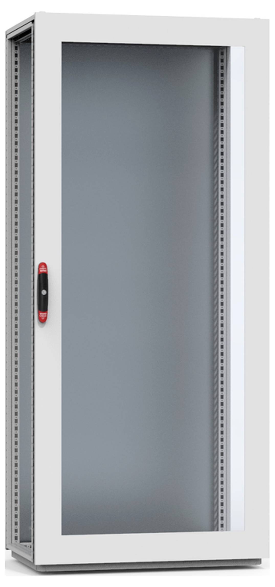 Ein hoher, grauer Serverschrank mit transparentem Türfenster und schwarzem Griff, geeignet für die Unterbringung von Netzwerktechnik.