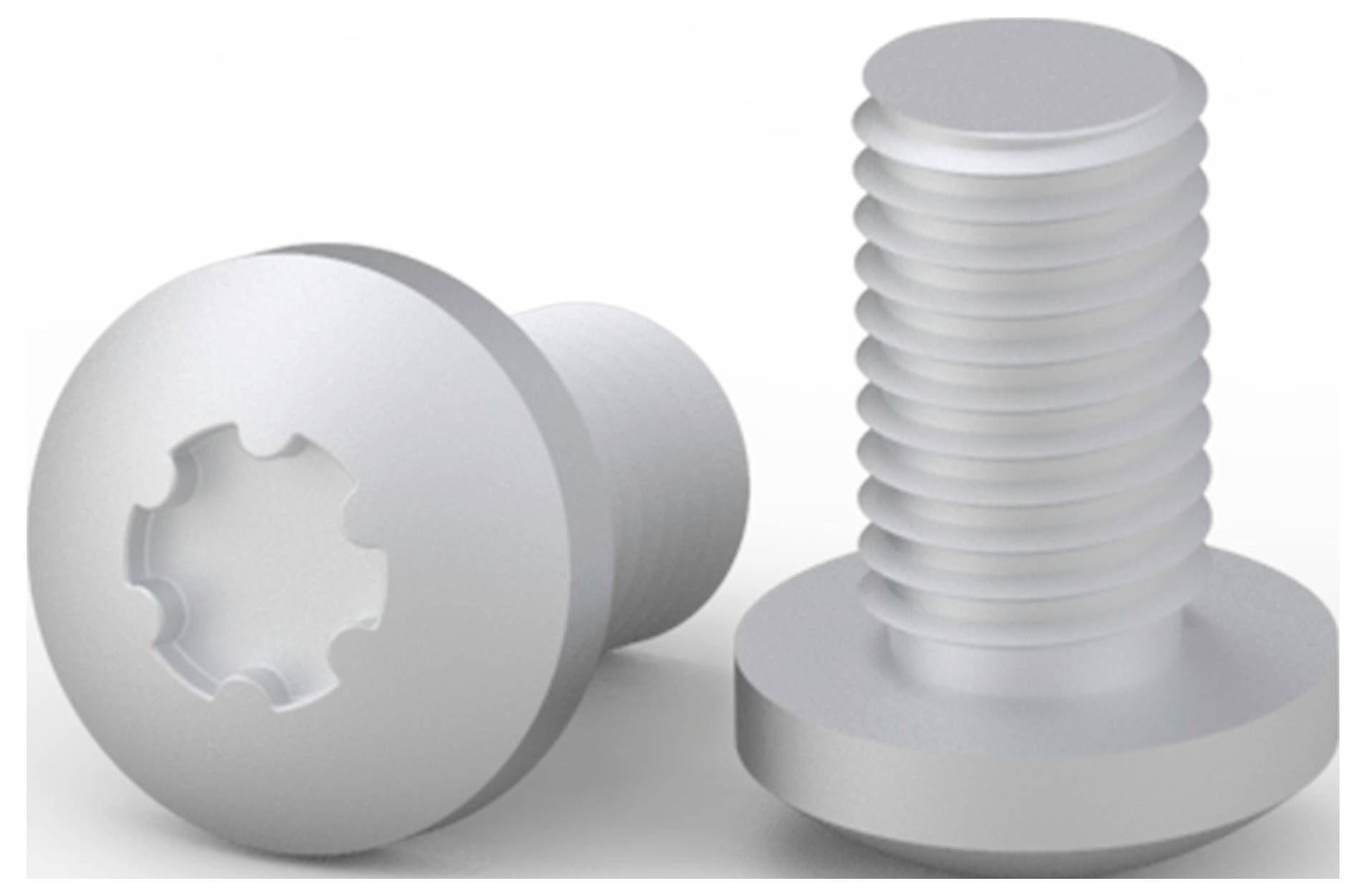 Zwei silberne Innensechskantschrauben, eine stehend und die andere liegend. Sie sind für die Befestigung technischer Geräte geeignet.