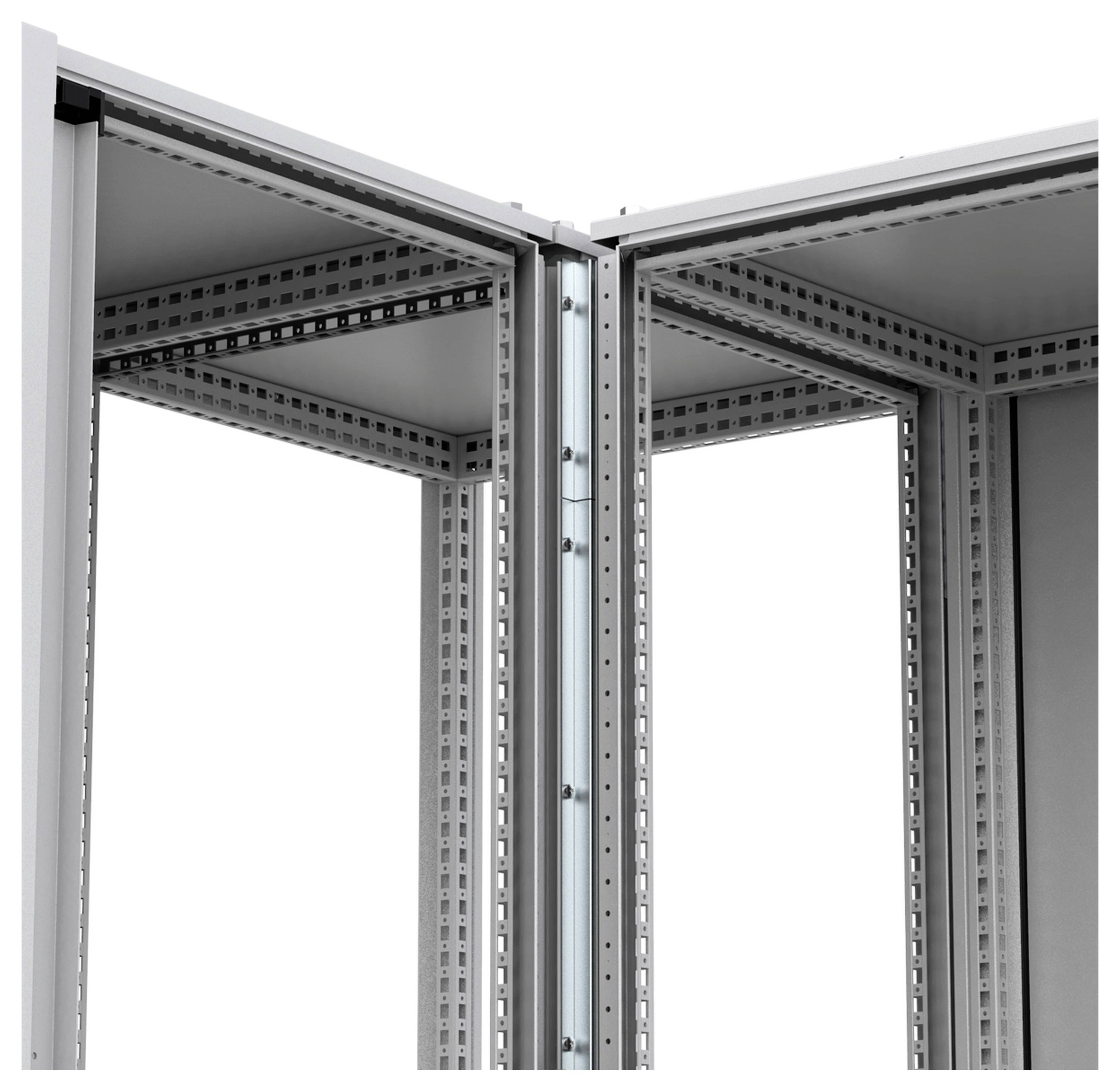 Zwei metallische Rahmenecken mit sichtbaren Verstärkungsstreben, die eine robuste Verbindung zwischen zwei Strukturelementen zeigen.