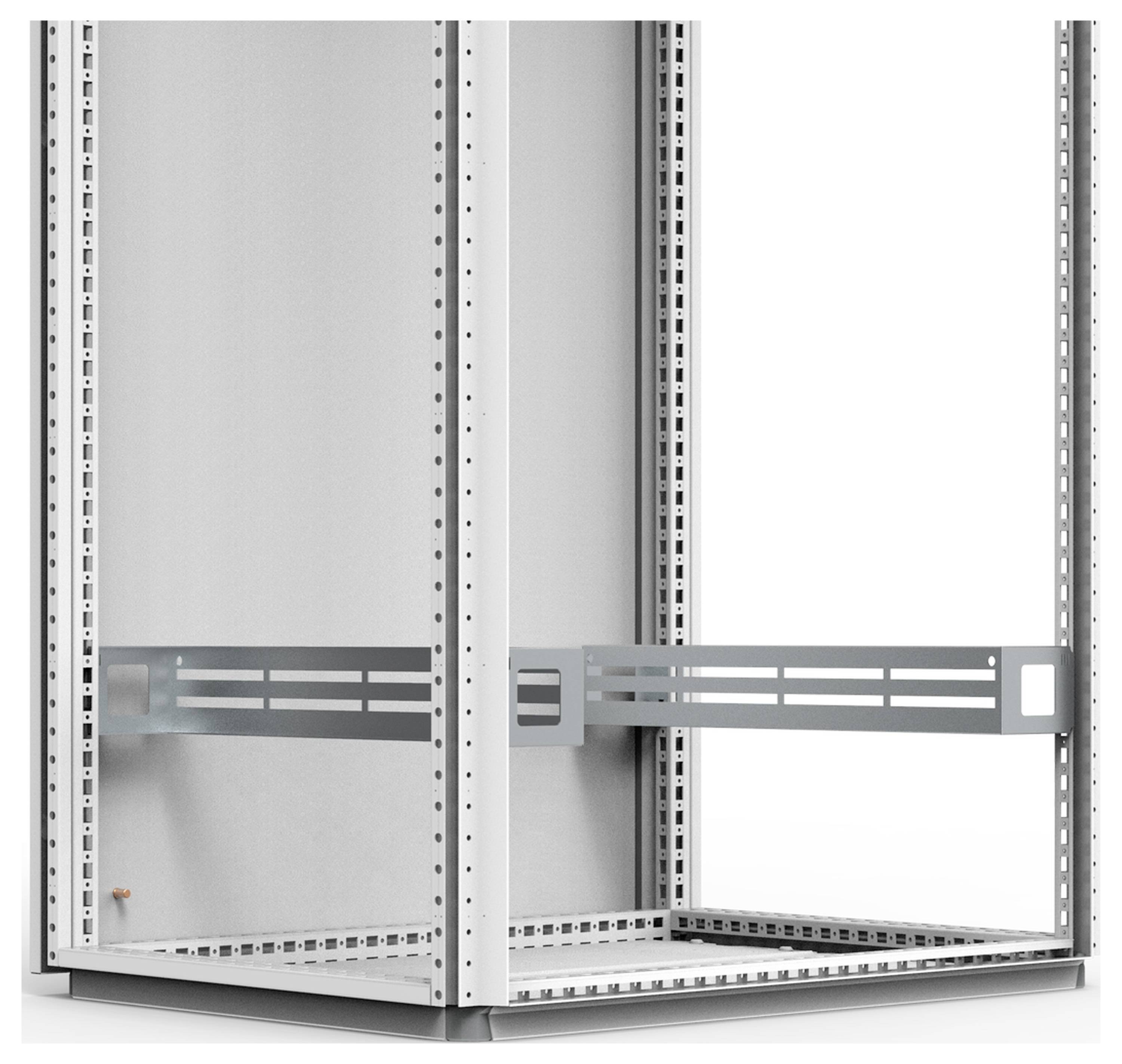 Metallisches, offenes Regal mit mehreren Fächern, geeignet für elektrische oder technische Geräte in einem industriellen Umfeld.