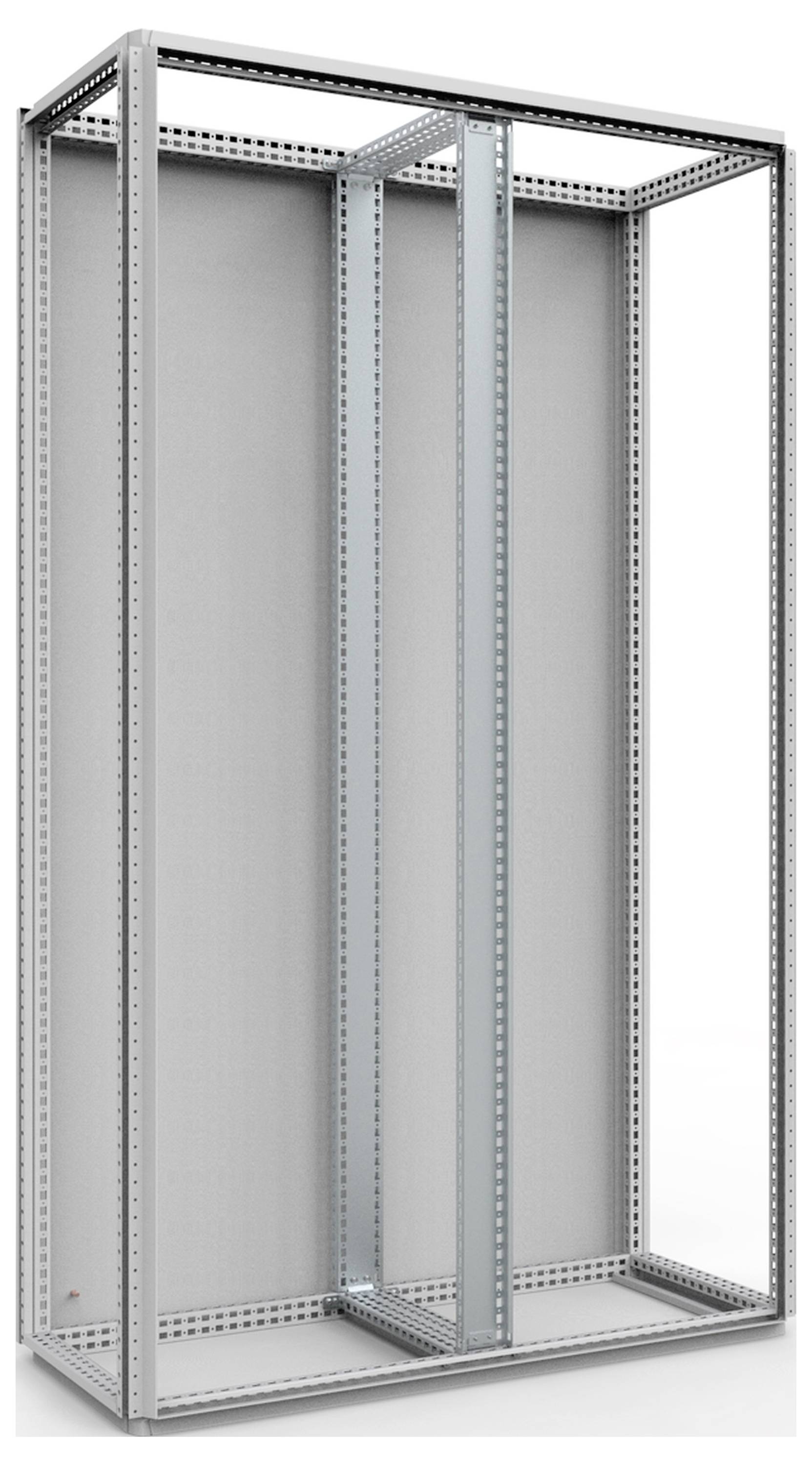 Ein leerer, stehender Metallrahmen für ein Serverrack, geeignet zur Montage von Serversystemen in Rechenzentren oder IT-Abteilungen.