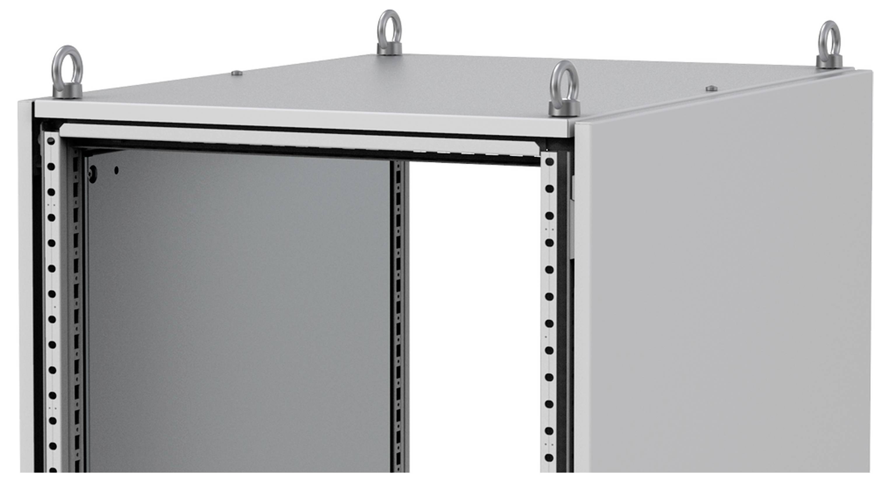 Metallrahmen eines Netzwerk-Racks ohne Türen, mit Haken oben zur Befestigung.
