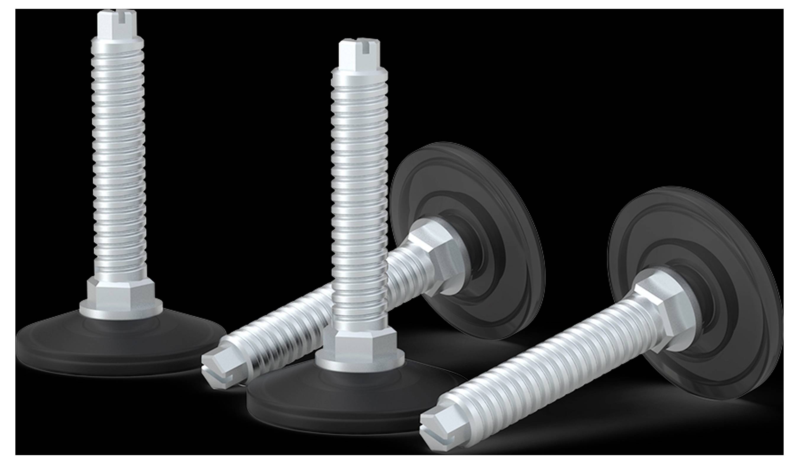 Drei verstellbare Metallfüße mit runden schwarzen Basen auf schwarzem Hintergrund.