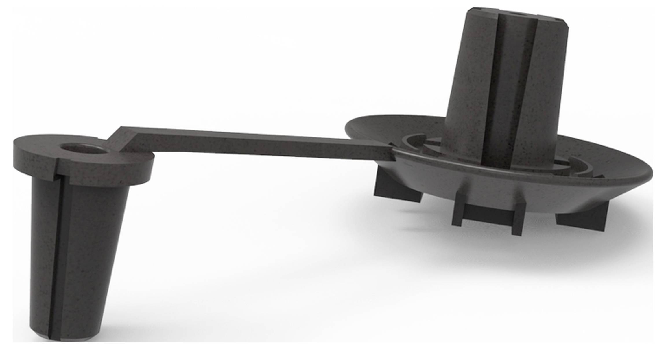 Schwarzes Kunststoffteil mit zwei verbundenden Elementen, eines davon scheibenförmig, das andere zylindrisch, möglicherweise Teil einer technischen Vorrichtung.