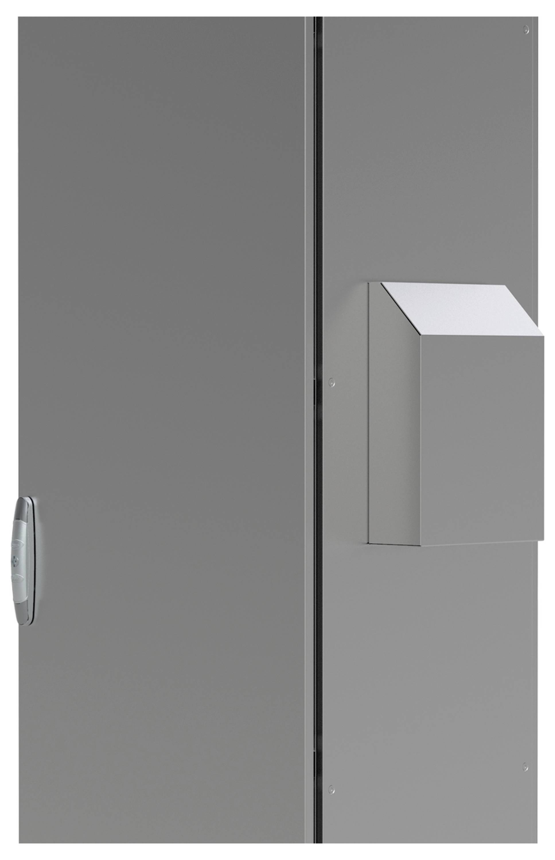 Eine graue Wand mit einem hervortretenden rechteckigen Kasten und einem Griff an der linken Seite.