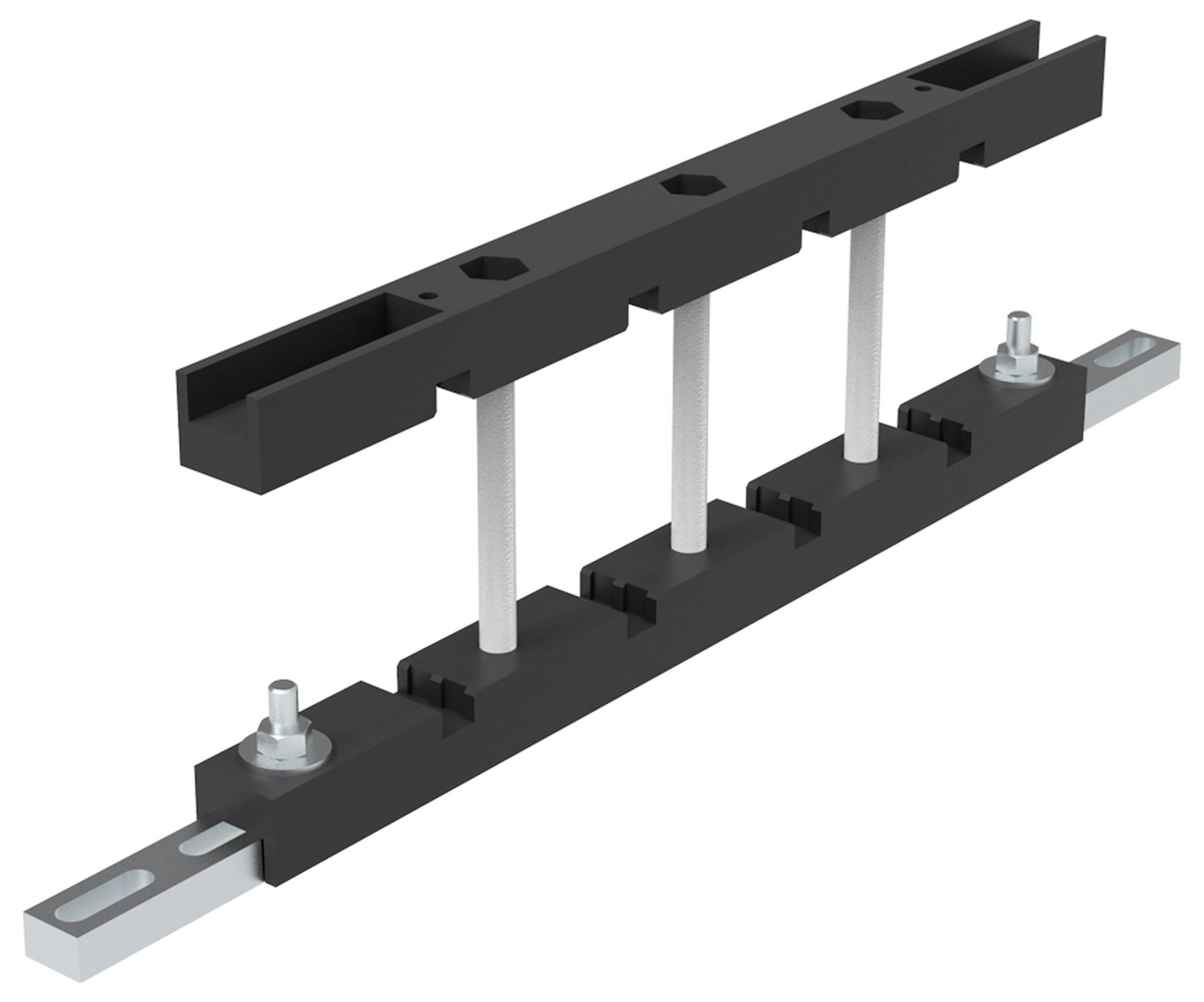 Montagehalterung mit zwei parallel verlaufenden schwarzen Schienen, verbunden durch weiße Stäbe und Metallbolzen.