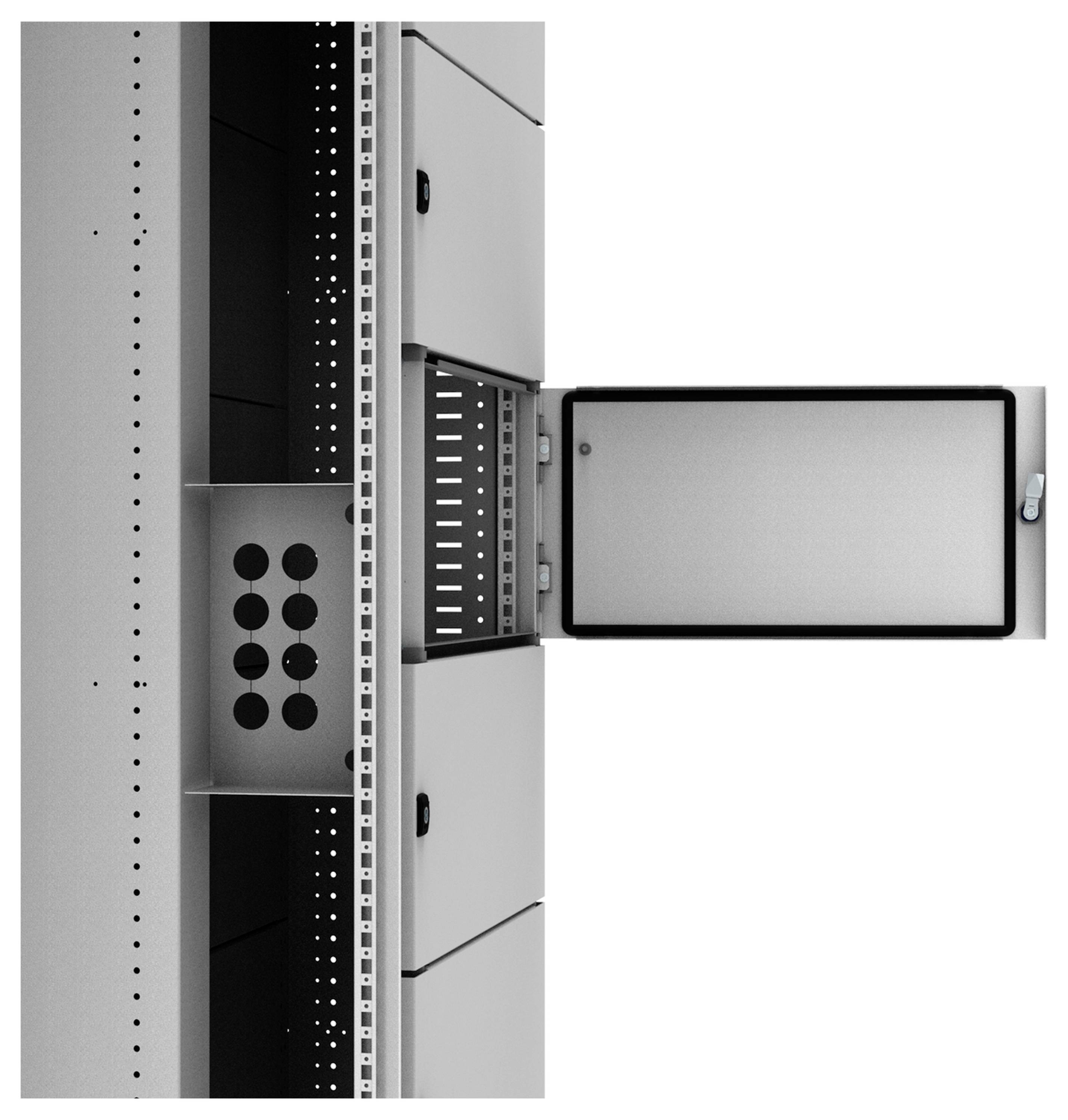 Offener Metallschrank mit Sicht auf Fächer, geeignet für die Aufbewahrung von technischen Geräten. Scharniertür teilweise geöffnet.