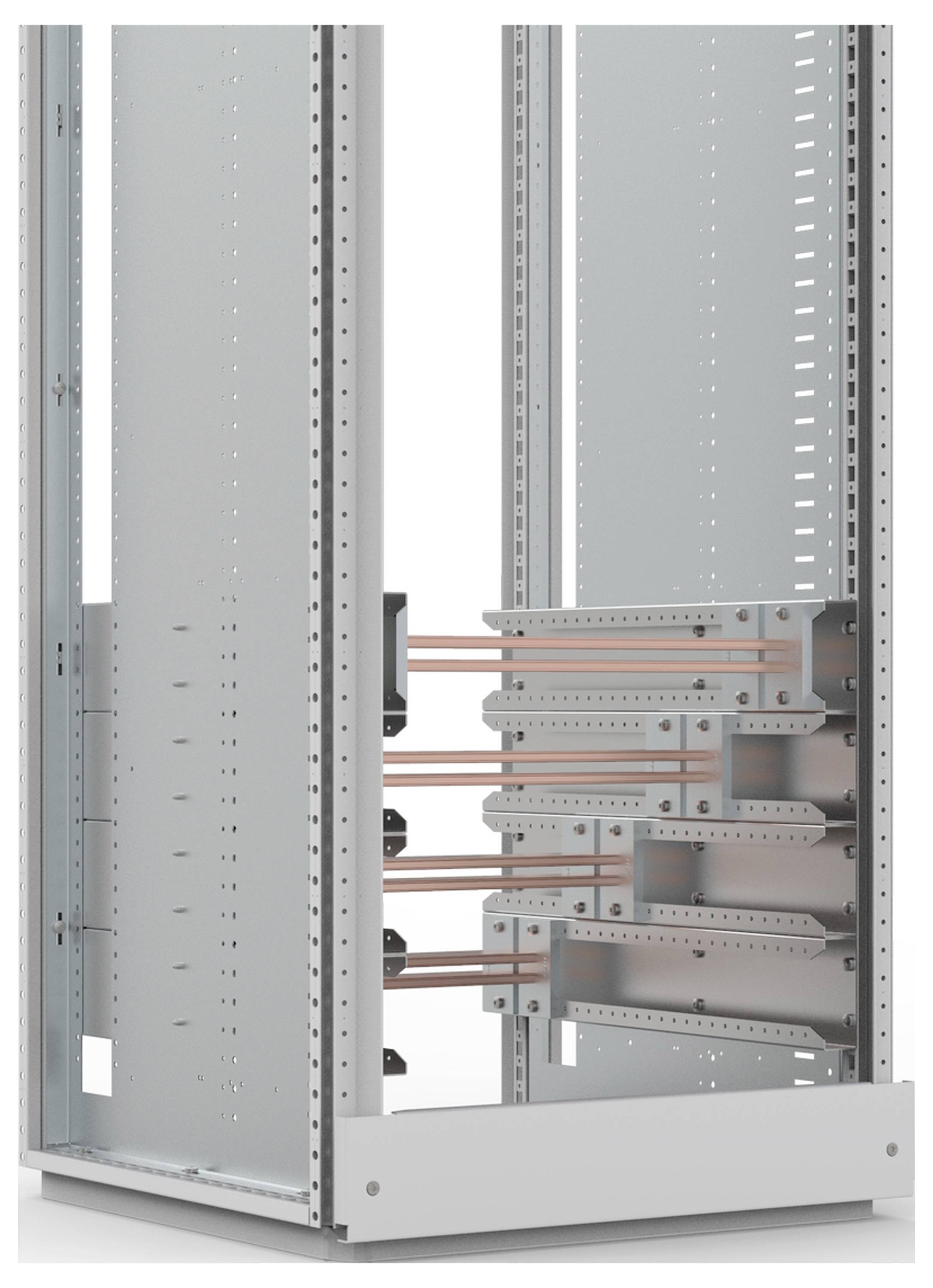 Metallschrank mit offenen Seiten, zeigt Regalsystem mit horizontalen Kupferschienen im Inneren, möglicherweise für Elektronikkomponenten.
