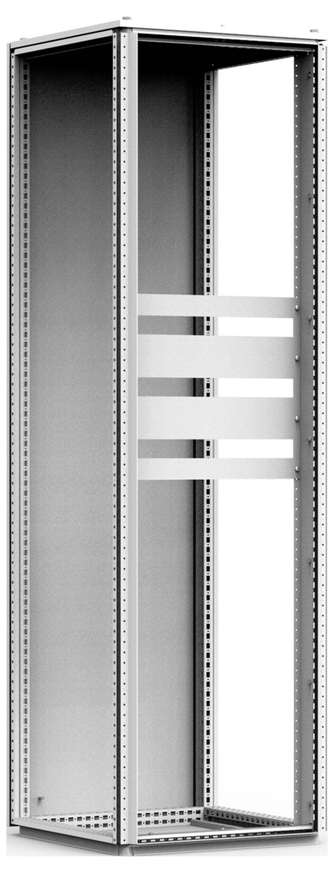 Ein leerer, hoher Netzwerkserver-Rack-Schrank aus Metall mit offenen Seiten und gestanzten Montagebohrungen für Geräte.