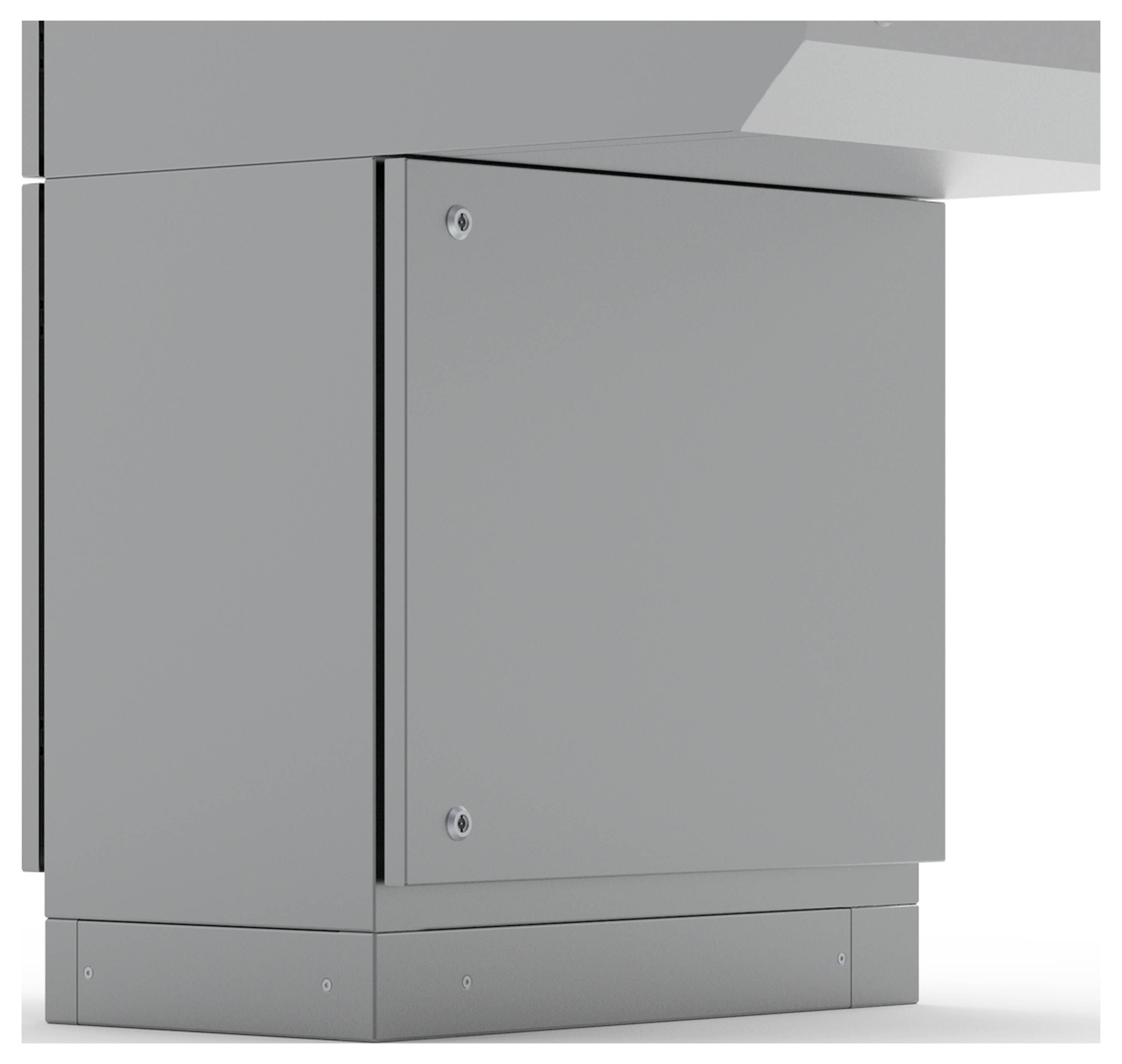 Eine graue, metallene Eckverbindung eines Gehäuses mit Schrauben befestigt. Zeigt industrielle Designsprache und Robustheit.