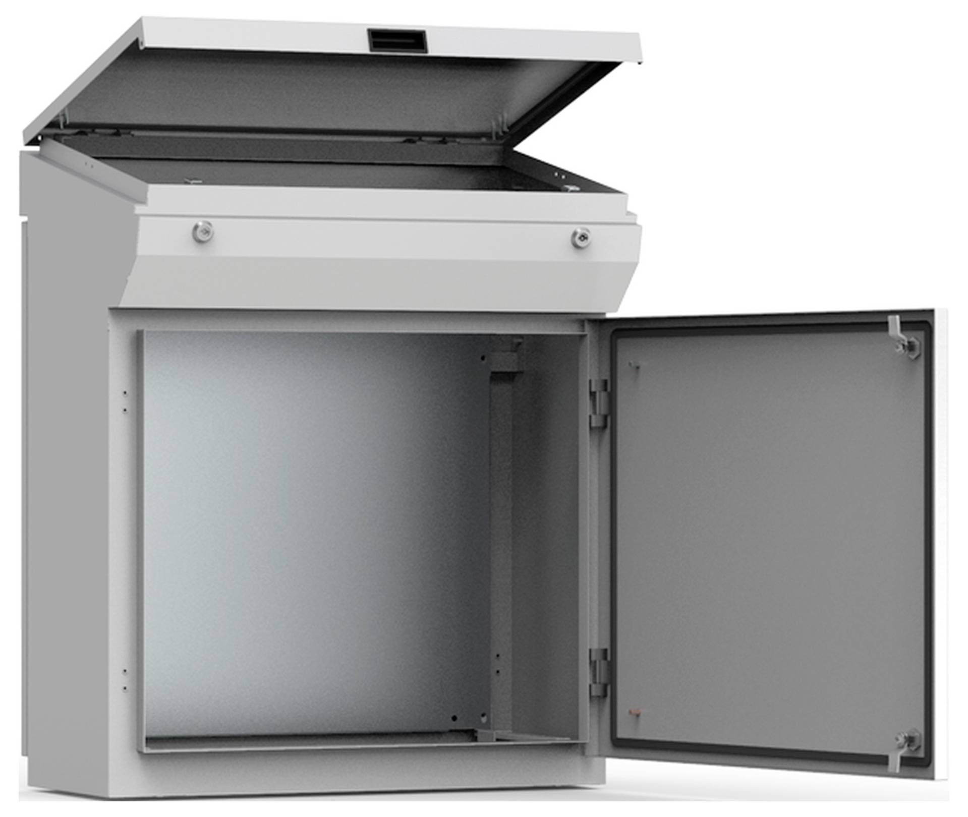 Ein geöffneter, leerer Metallschrank mit zwei Türen: eine oben mit Klappdeckel und eine vordere Tür, beide geöffnet, mit Blick ins Innere.