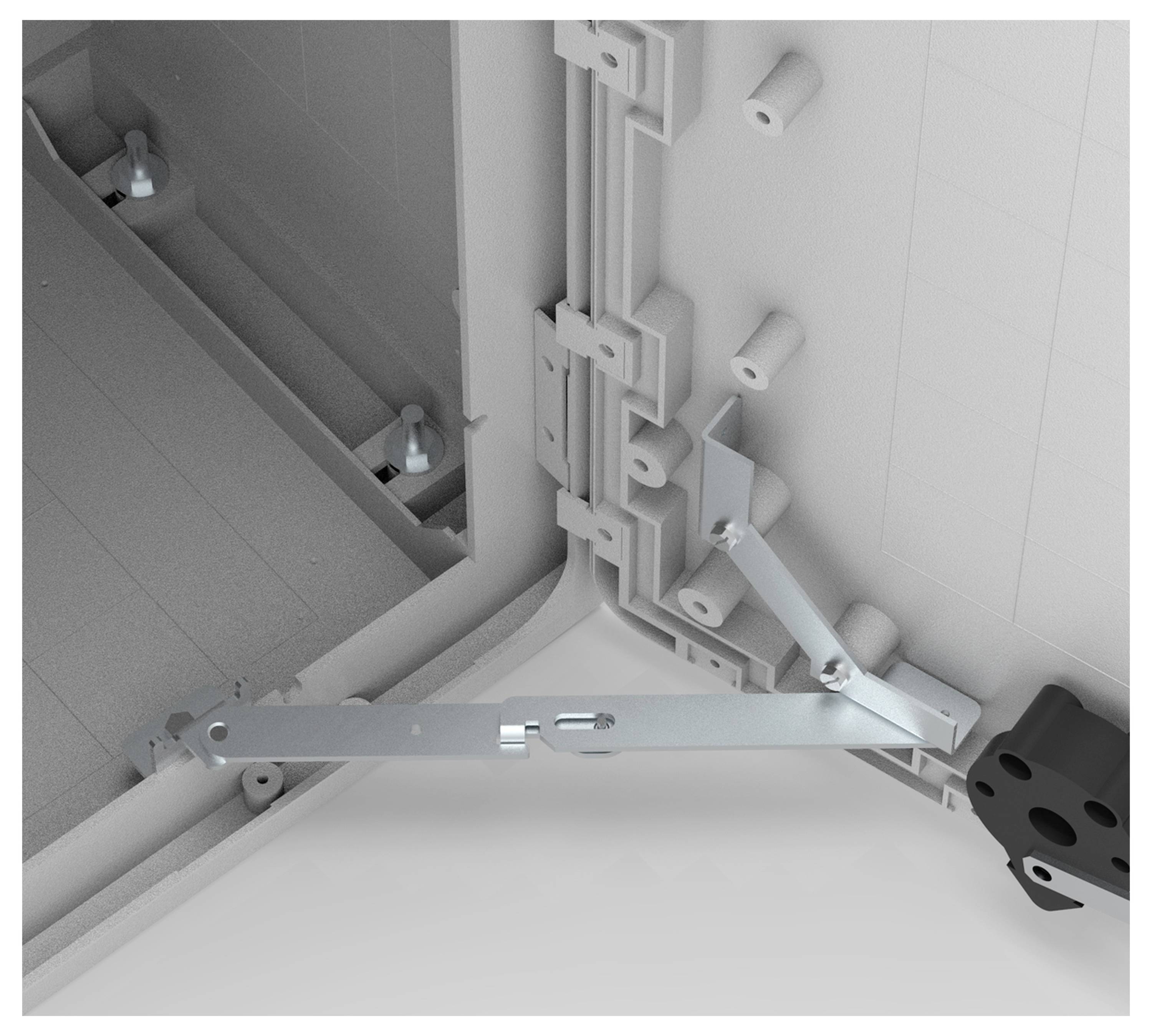 Metallarm in einem elektrischen Kasten, befestigt mit Schrauben. Der Arm verbindet zwei Gehäusewände und dient der Stabilisierung.