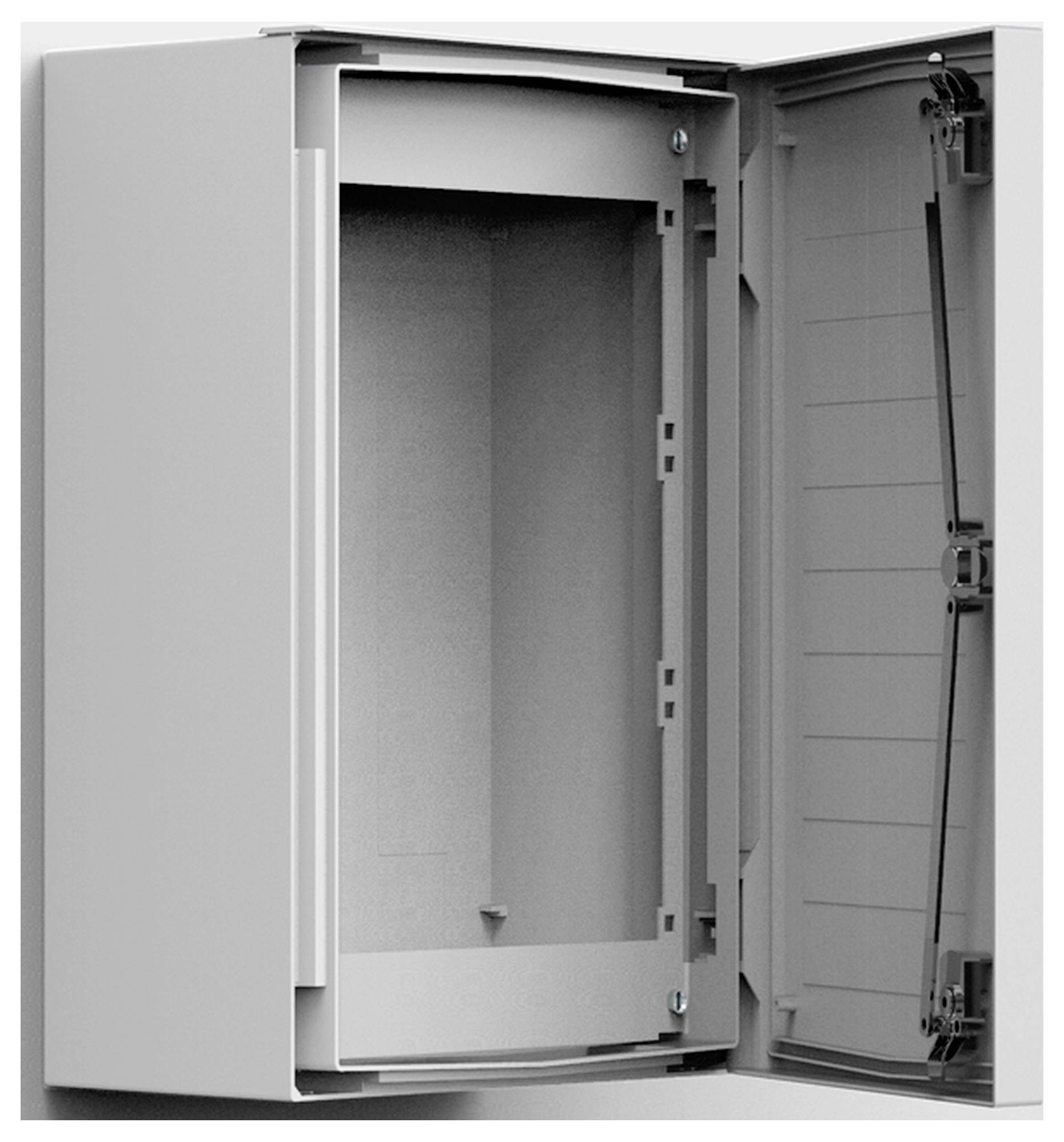 Grauer, geöffneter Metallschrank mit sichtbarem Innenraum, geeignet für elektrische Installationen oder als Verteilerkasten.