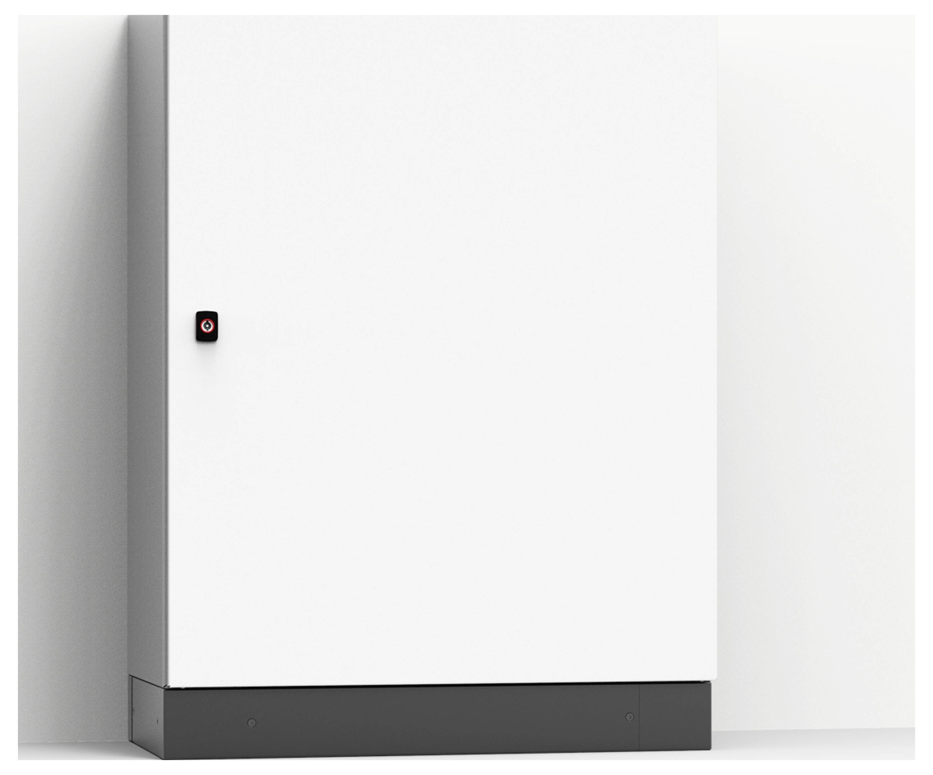 Geschlossener weißer Schrank mit schwarzem Sockel und kleinem schwarzen Knopf auf der linken Seite.