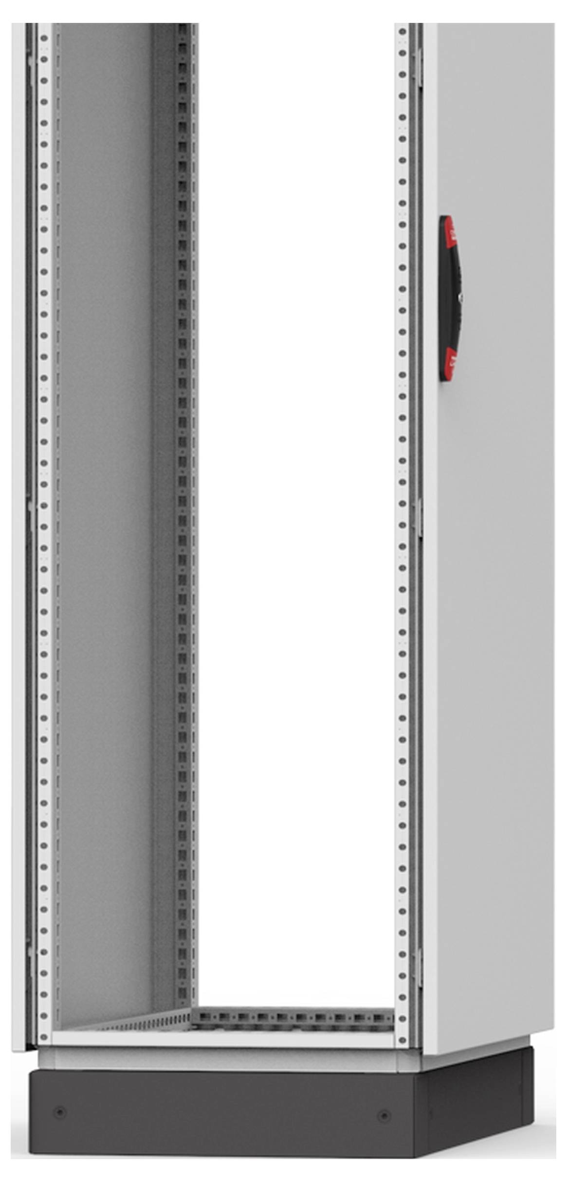 Metallischer Serverschrank- oder Gehäuseteil mit geöffneter Tür, zeigt Rack-Schienen und robuste Konstruktion.