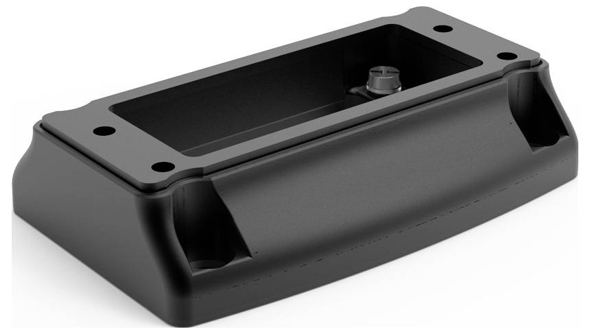 Schwarze rechteckige Halterung aus Kunststoff, mit einem rechteckigen Hohlraum und Schraubenlöchern an den Ecken, zur Befestigung.